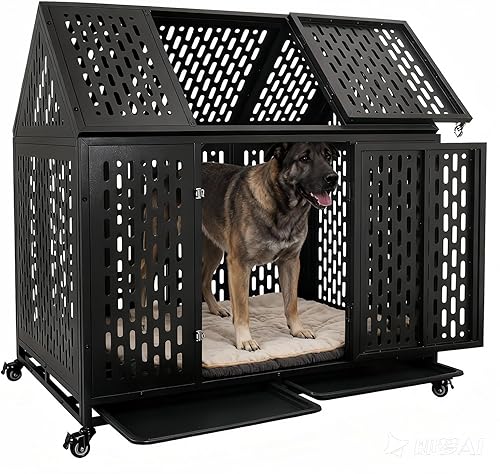 Jaula indestructible resistente de 44 pulgadas para perros grandes, a prueba de escape, para interiores, alta ansiedad, con 4 ruedas con bloqueo