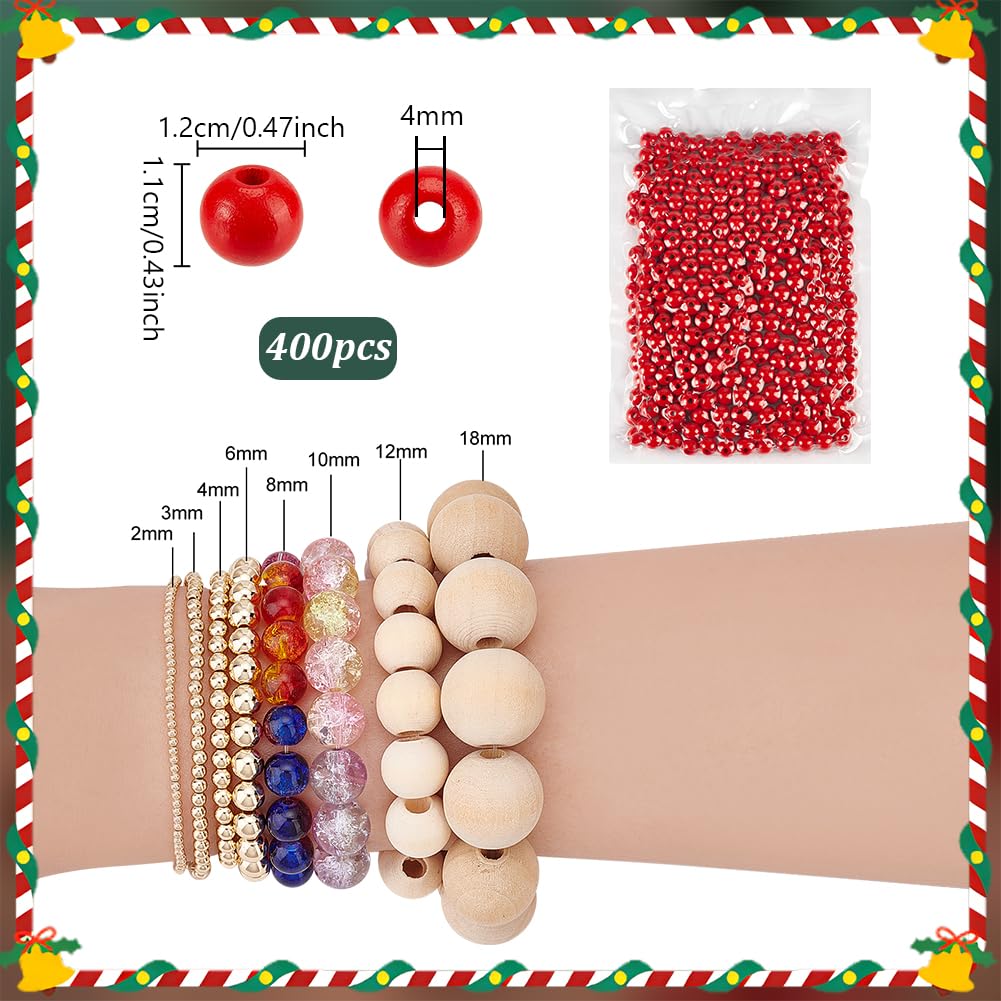 PH PandaHall 400pz Perline di Legno Rosso Perline Legno Verniciata, 12mm Perlines Rotonde per Creazione di Gioielli Decorazioni Natalizie Ghirlande Artigianato Fai Da Te, Foro: 4mm