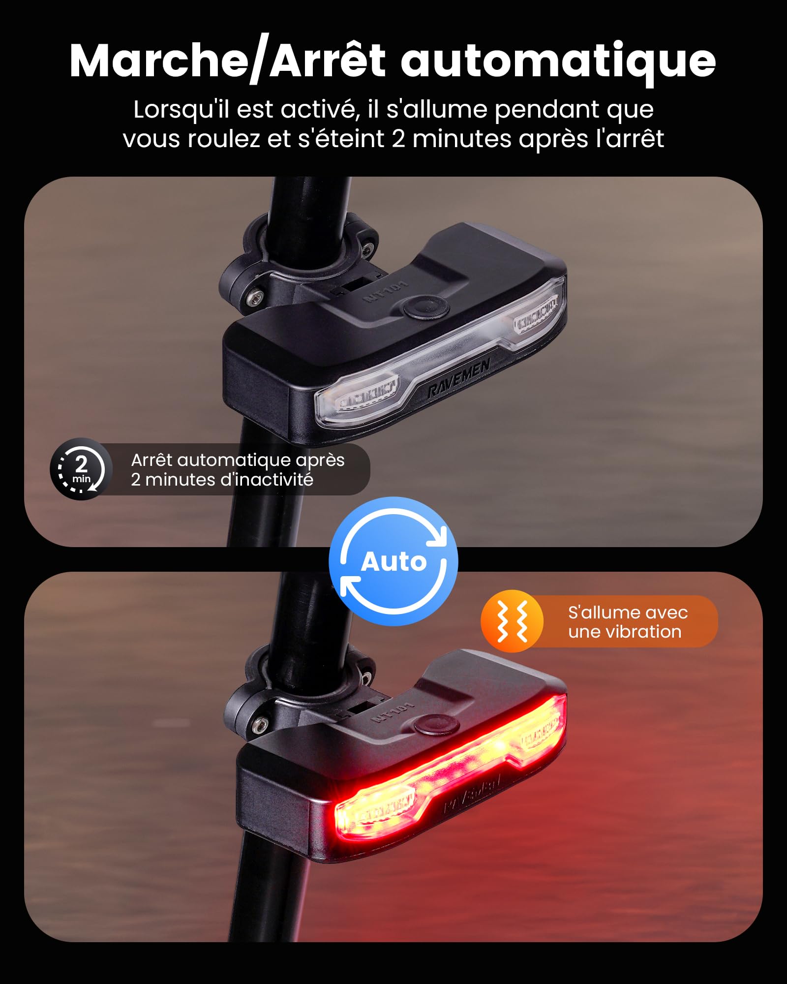 RAVEMEN NT101 Feu Arrière de Vélo avec Clignotant,6 Modes Étanche Feu d'avertissement Arrière avec Télécommande sans Fil pour Une Conduite de Jour comme de Nuit en Toute Sécurité