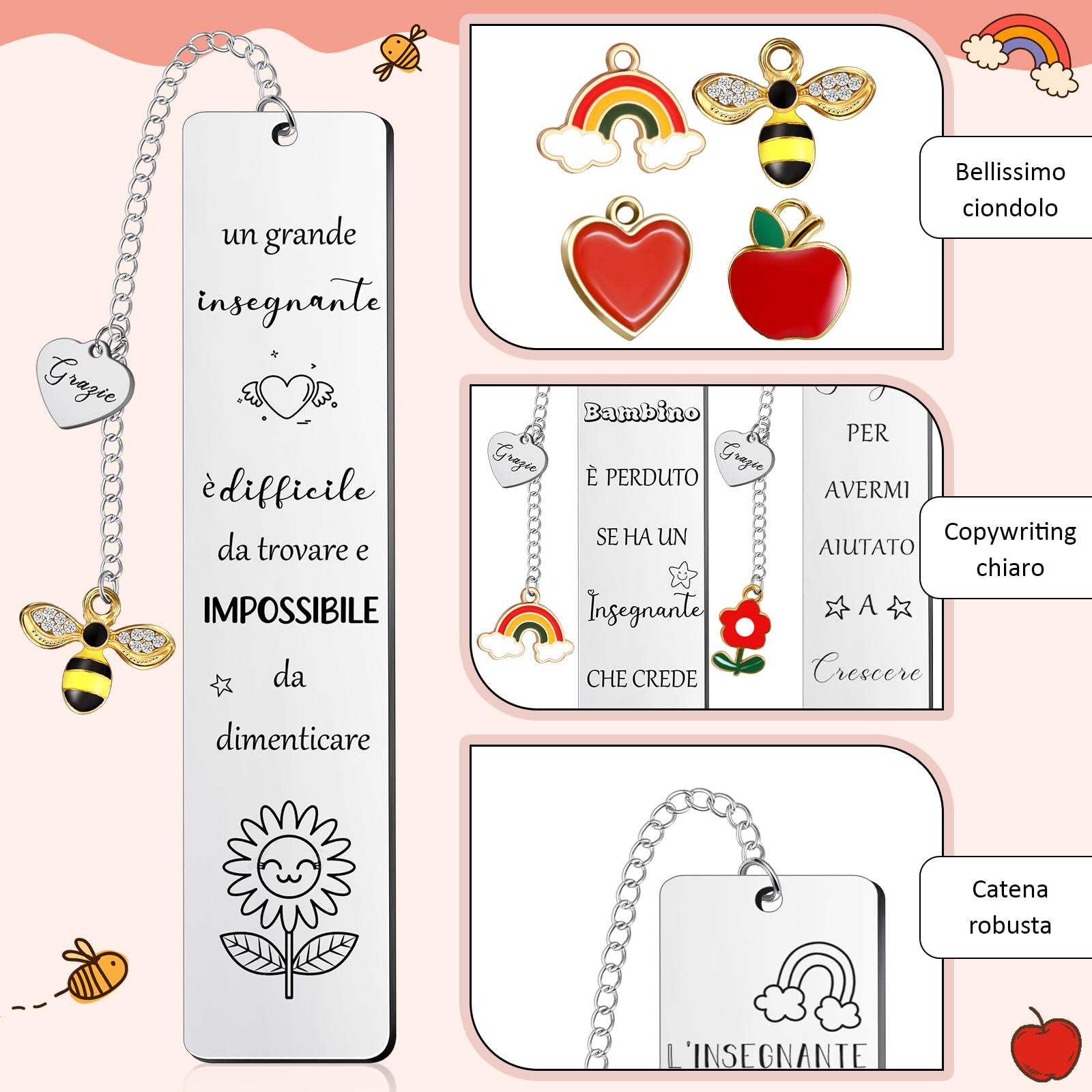 Tenare 6 Set Idee Regalo Insegnanti Include 6 Segnalibri Maestra 6 Portachiavi Insegnanti 6 Biglietti Arcobaleno e 6 Buste Regalo Maestra Fine Anno per Asilo Ci Vuole un Grande Cuore