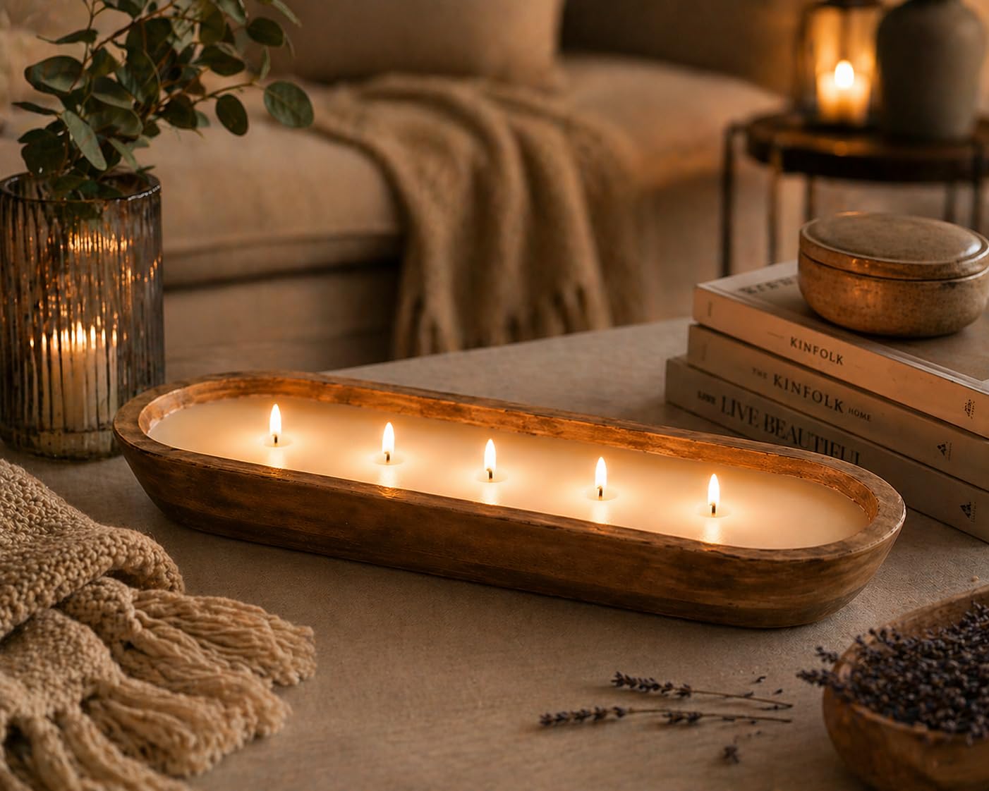 Candela profumata allungata in ciotola di legno, lussuosa candela di soia con 5 stoppini, effetto scoppiettante, grande candela d'atmosfera, decorazione rustica per la casa e idea regalo
