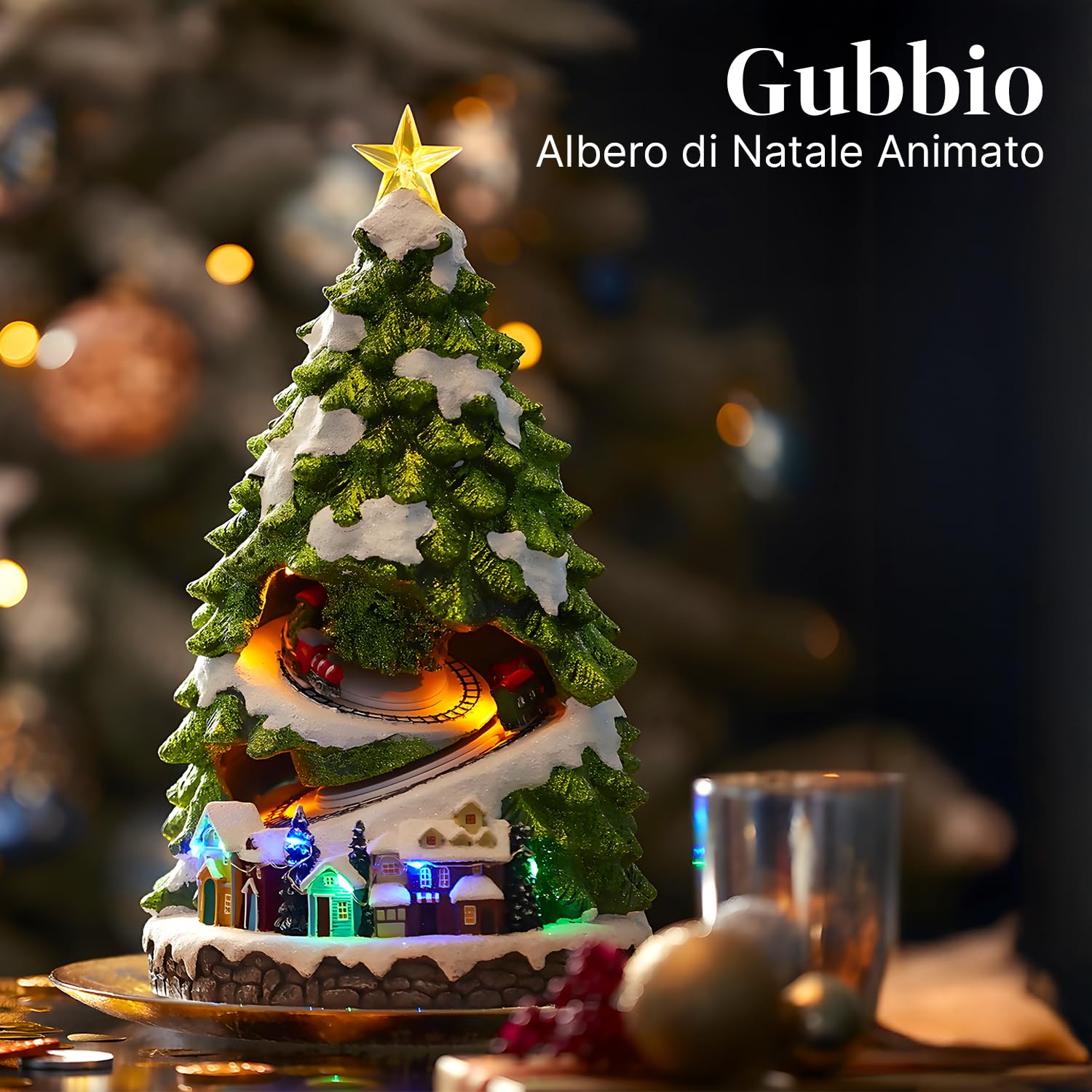 Wintem Albero di Natale Animato in Miniatura con Luci Led e Musica - Ottimo per Decorare Casa o Villaggi Natalizi - Decorato e Dipinto in Modo Artigianale con Materiali Resistenti 40x22x22cm