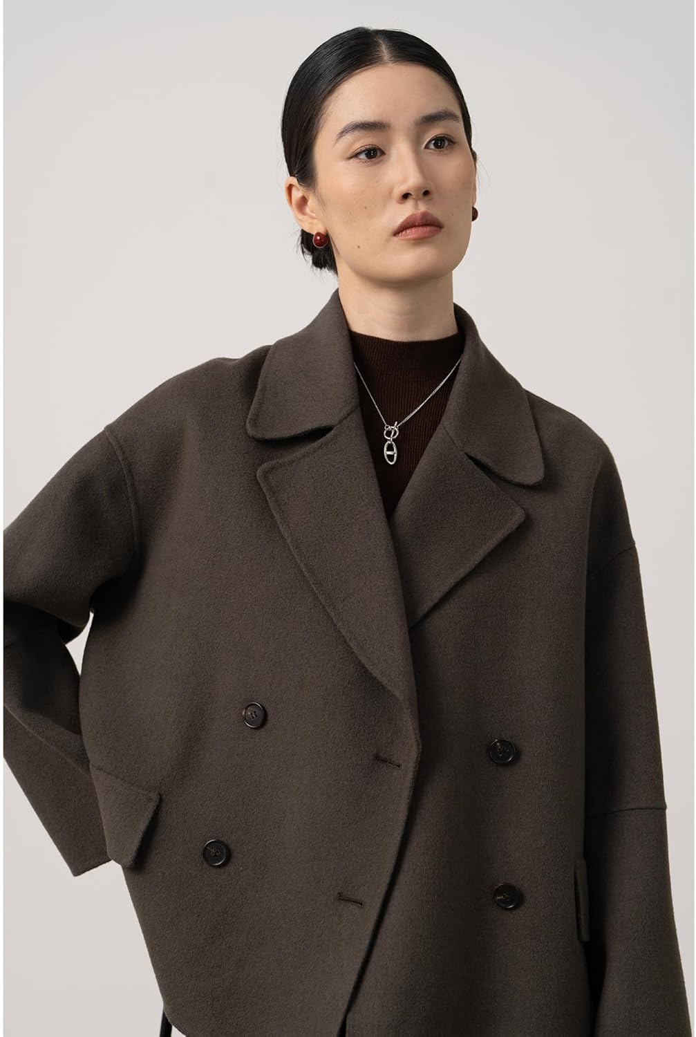 utcoco Women Cropped Wool Pea Coats Notched Lapel Double Breasted Crop Woolen Trench Coat Short Jackets with Pockets