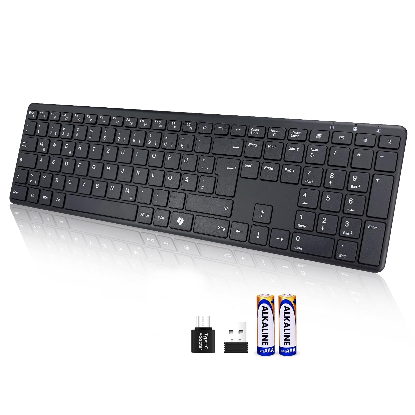INFINMIND Clavier Sans Fil AZERTY, Ultra-Mince Clavier Silencieux Sans Fil avec 2,4 G USB Récepteur /Type-C,19 Raccourcis Multimédia Numérique Pavé Longue Batterie Autonomie pour Desktop,MAC,Windows