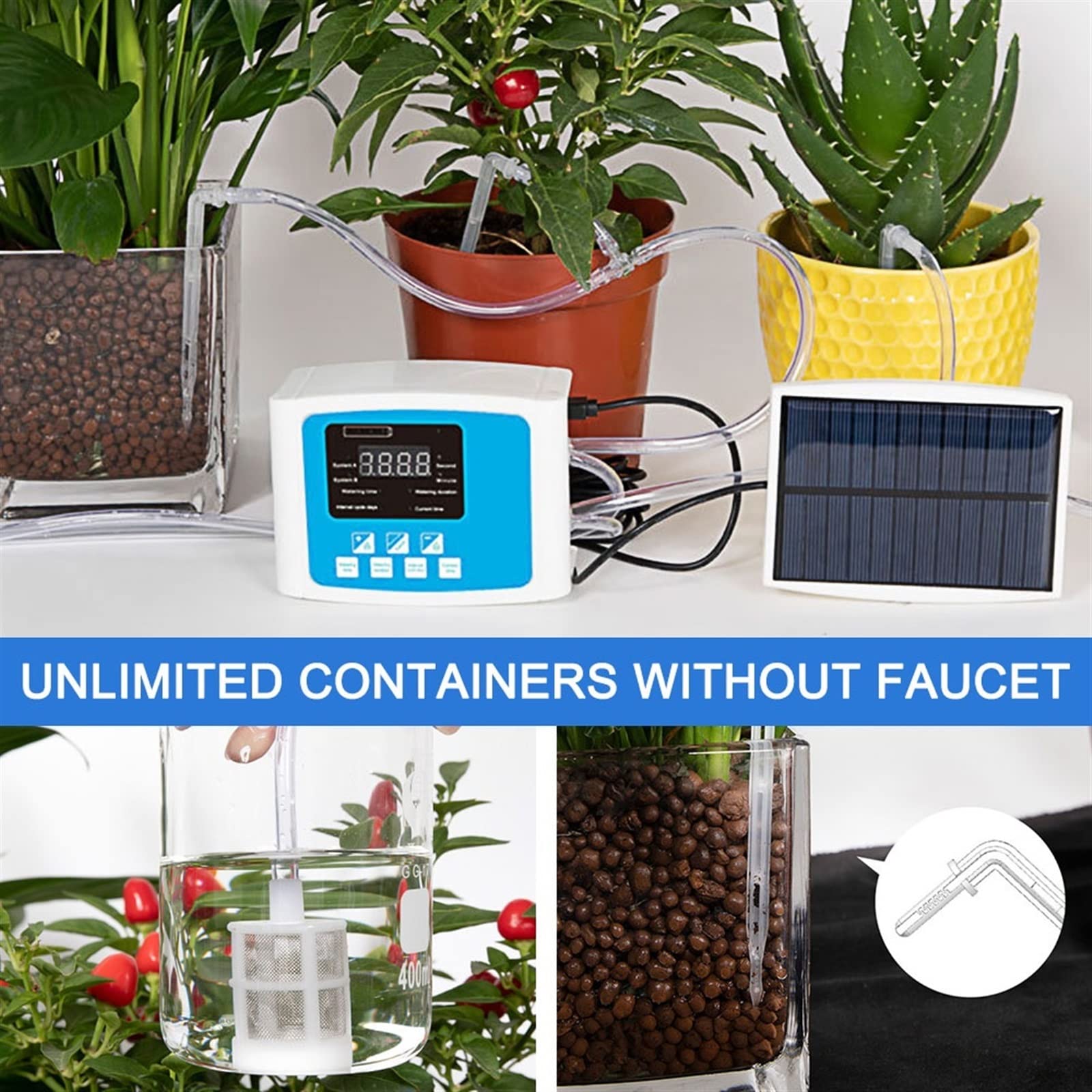 Kit di irrigazione a goccia automatica Timer dell'acqua Dispositivo di annaffiatura automatico Kit di autoacqua di autoaterinario di irrigazione a goccia solare Doppia pompa per Piante in Vaso da Este