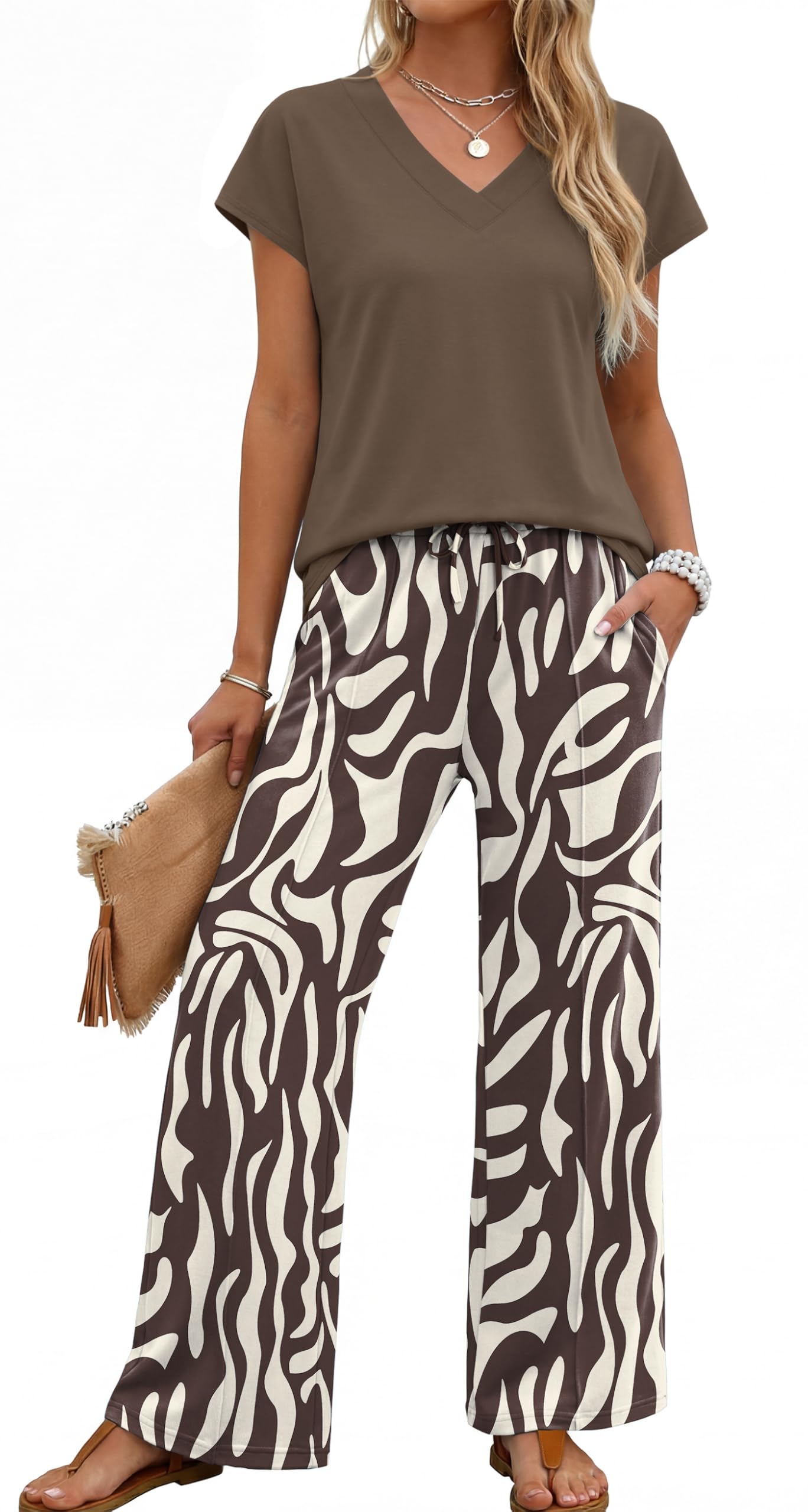 XIEERDUO Women's 2 Piece Sets Summer Beach Vacation Cruise Travel Outfits Printed Wide Leg Pant V Neck Cap Sleeve Tops — view 10