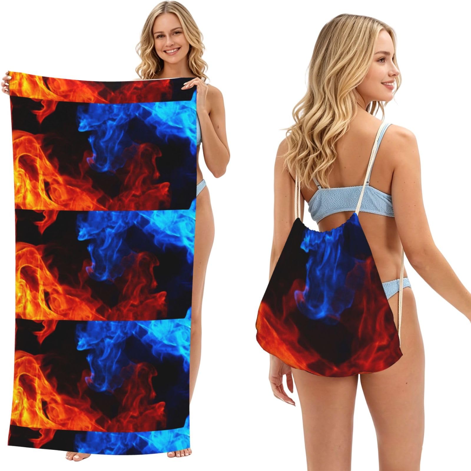 Poadnly As Picture Red And Blue Flame, 2 In 1 Packable Towel Bag, Beach Towels With Drawstring Backpack For Travel Holiday Camping