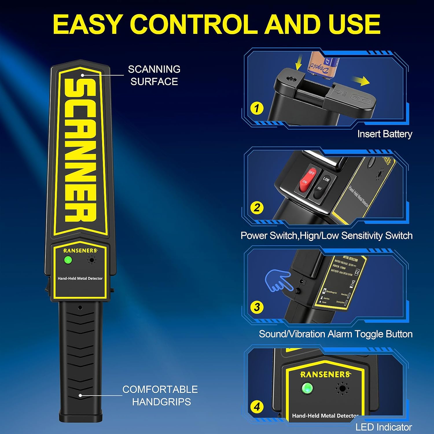 RANSENERS Handheld Metal Detector Wand,Security Wand,Portable Adjustable Sound & Vibration Alerts, Detect All Metal Products (Include Battery)