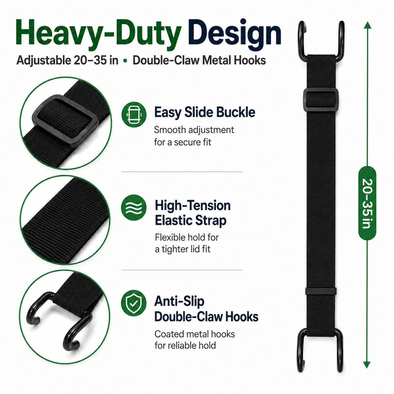 Outdoor Raccoon Trash Can Lock Strap, Double-Claw Hooks, 28-96 Gal