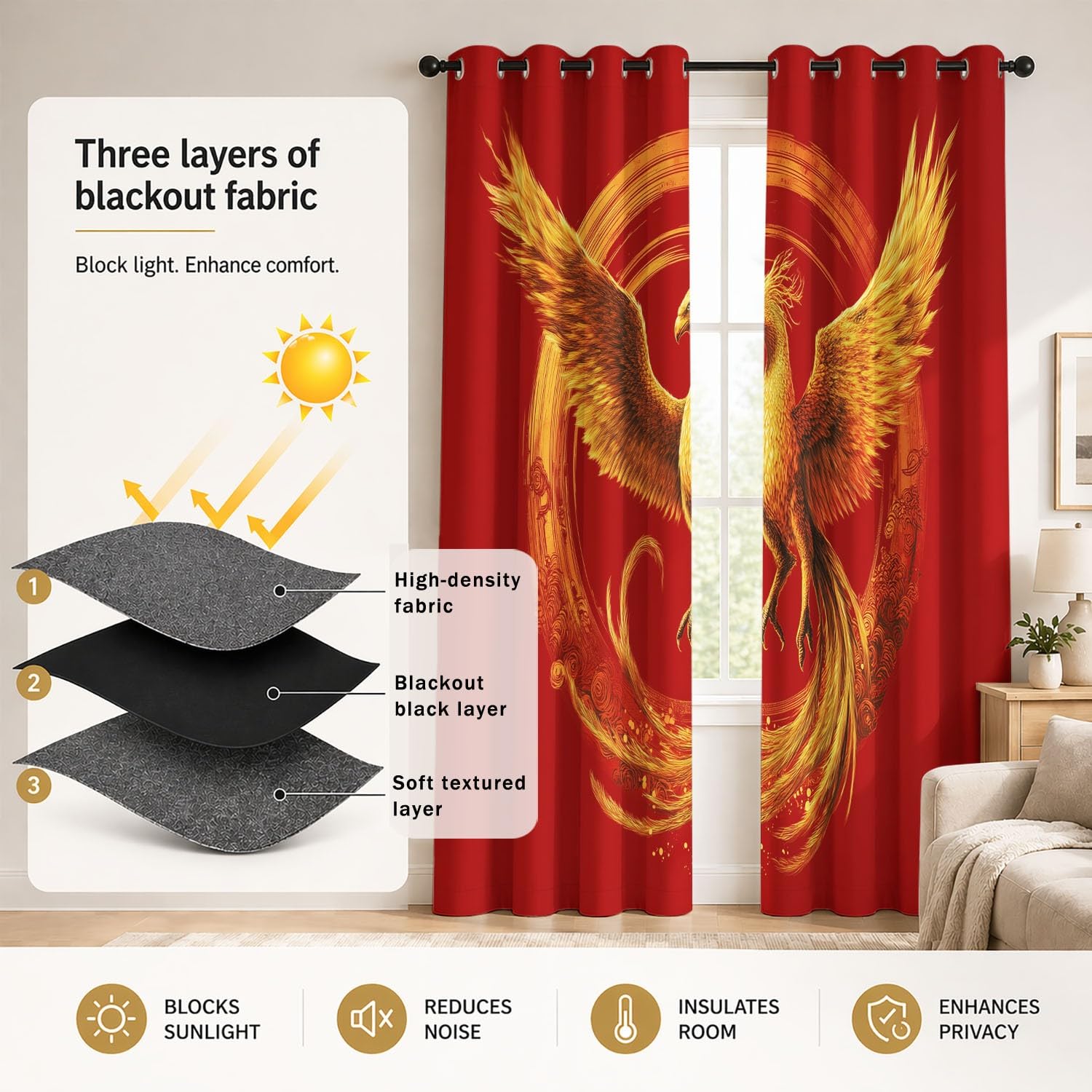 Générique Rideau Occultant Classique Festif Lot de 2 L 140 x H 220 cm Phénix Doré Nuages Cercle Rideaux Imprimés en Polyester à Oeillets Isolant Thermique Anti Froid pour Salon et Chambre d'enfant