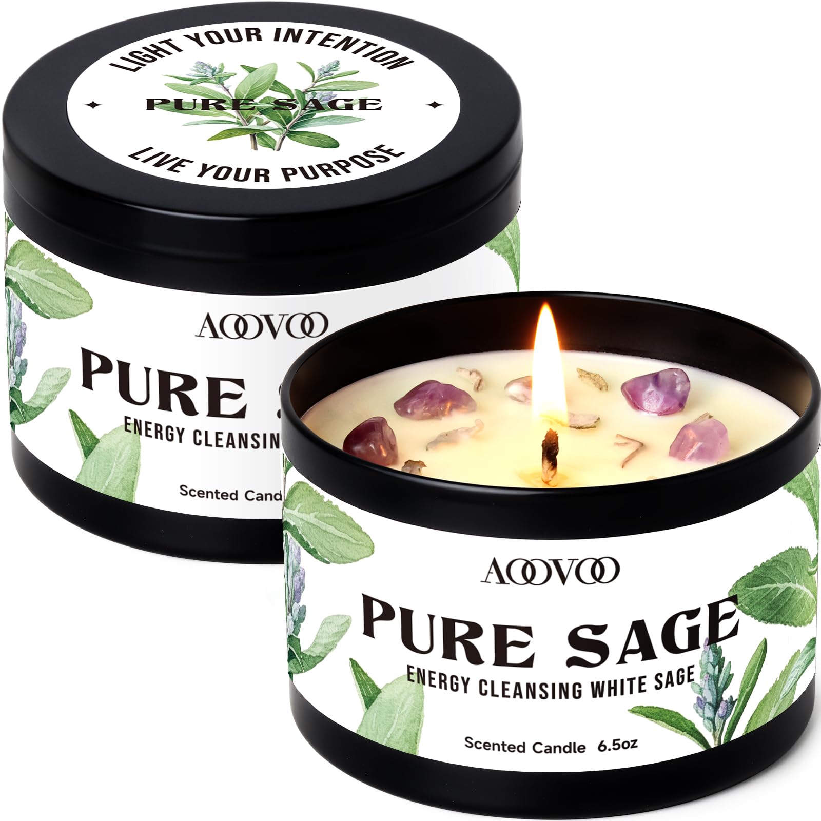 AOOVOO 2 Pack Sage Candles - Cleansing Candle with Crystals