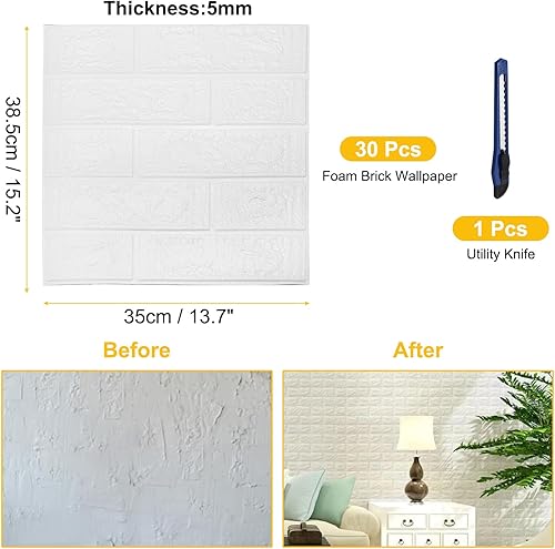 Miniatura 9 de uxcell Paneles de pared 3D para despegar y pegar, 30 piezas de papel tapiz de ladrillo de espuma para dormitorio, panel de pared de piedra sintética