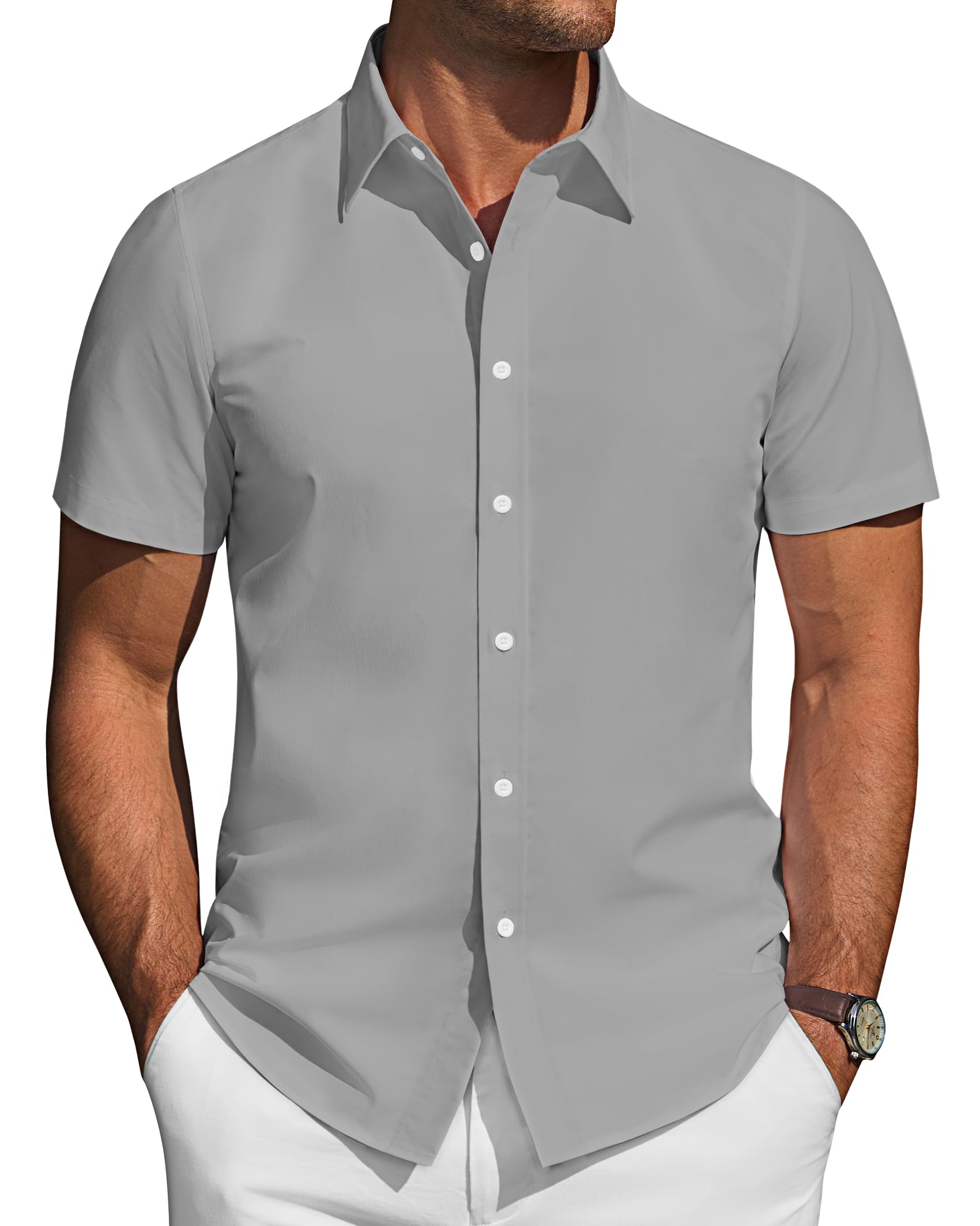 Mens Short Sleeve Button Down Shirt Stretch Business Casual Dress Shirts Solid Summer Wedding Prom Tops