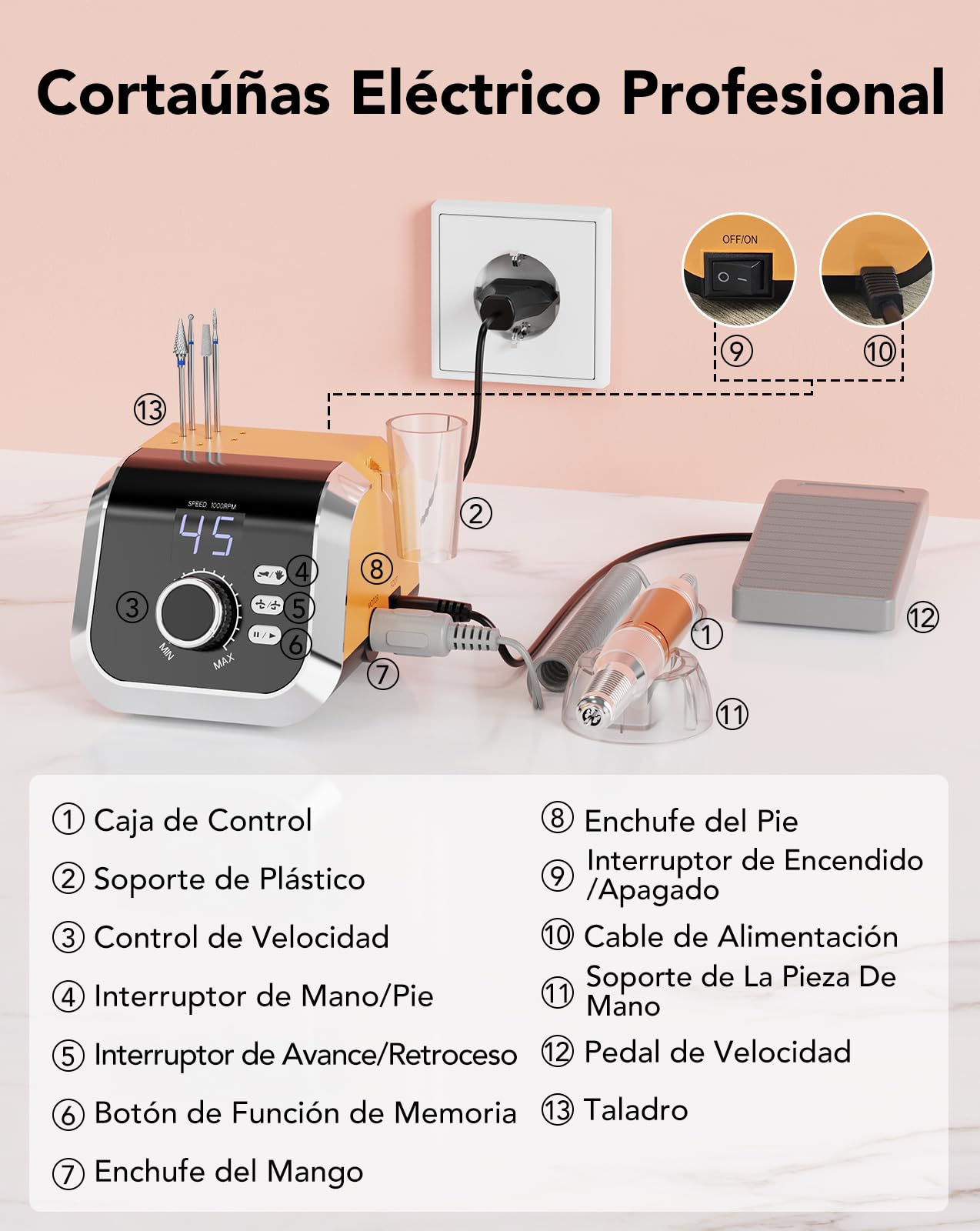 HOMEASY Torno para Uñas Profesional 45000 RPM 45 Velocidades con Pedal - Kit 11 Fresas Torno para Uñas +75 Bandas, <40dB Silencioso para Casa y Salón
