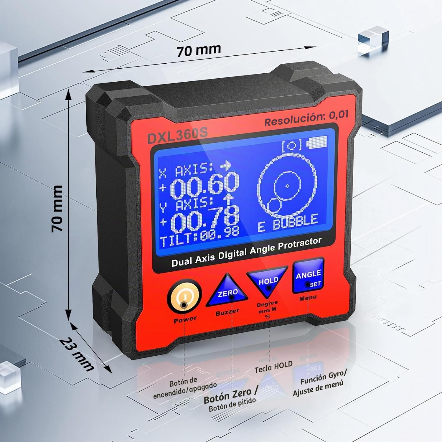 Inclinometro Digital 4x90°, DXL360S Goniometro, Resolución 0,01° | Caja de Nivel Digital de Precision Dual Axis Level Box Digital Angle Finder Professional, para Carpintería, Construcción