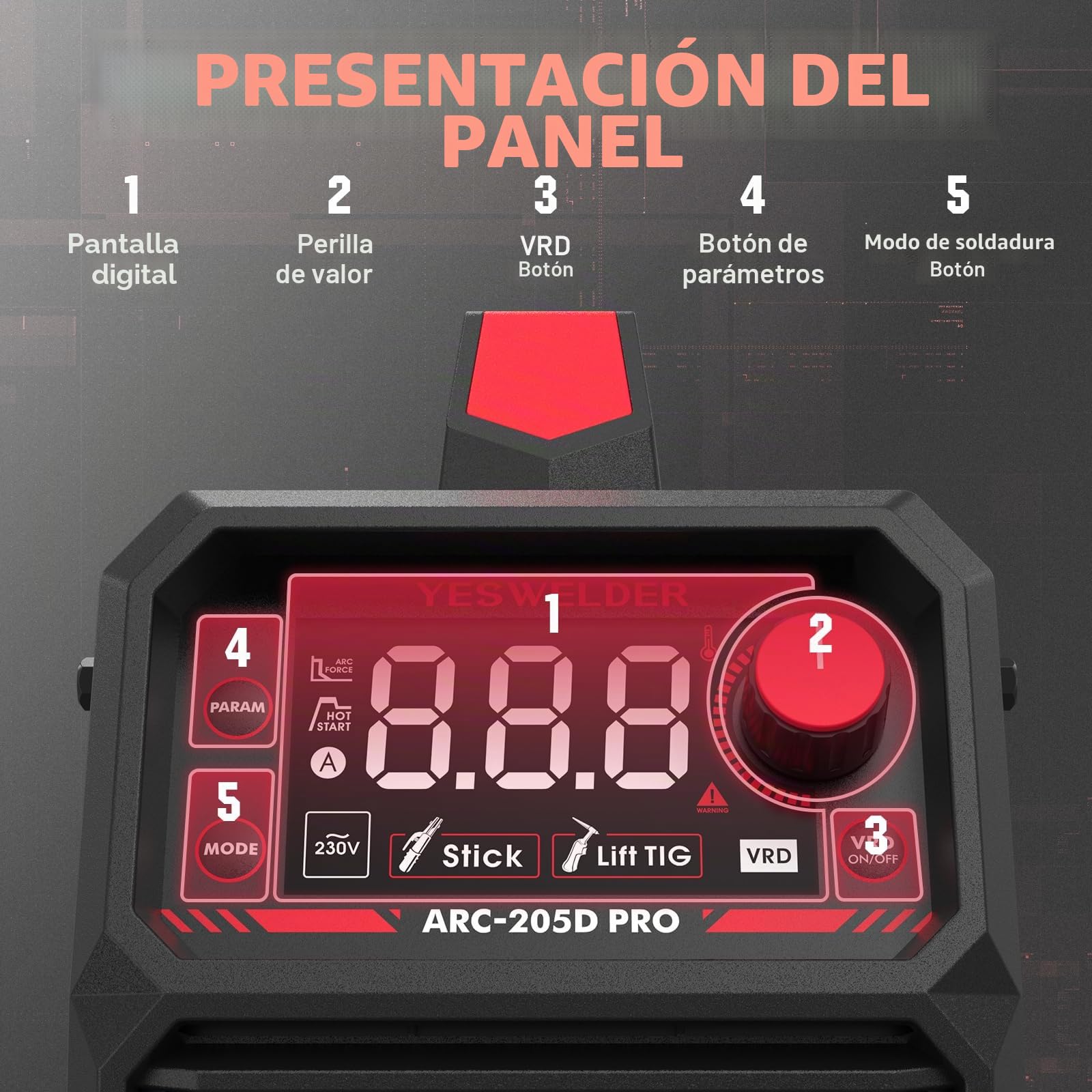 YESWELDER 205Amp ARC Soldador 230V MMA/Lift TIG Soldador Portátil, Gran Pantalla LED Digital Inverter IGBT Soldar con Arranque en Caliente de la Fuerza del Arco, Anti-Stick