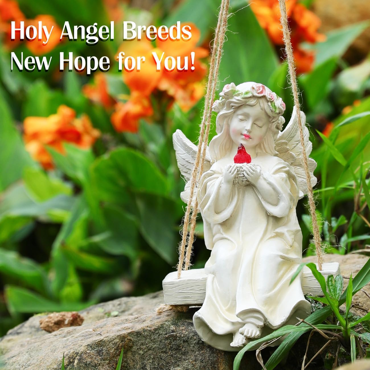 Angel Garden Statue,Fairy Solar Garden Decor with Warm Light,Waterproof Angel Statue with Swing & Holding Bird,Outdoor Garden Decor for Lawn Yard Patio Windowsill Garden Gifts, Apricot