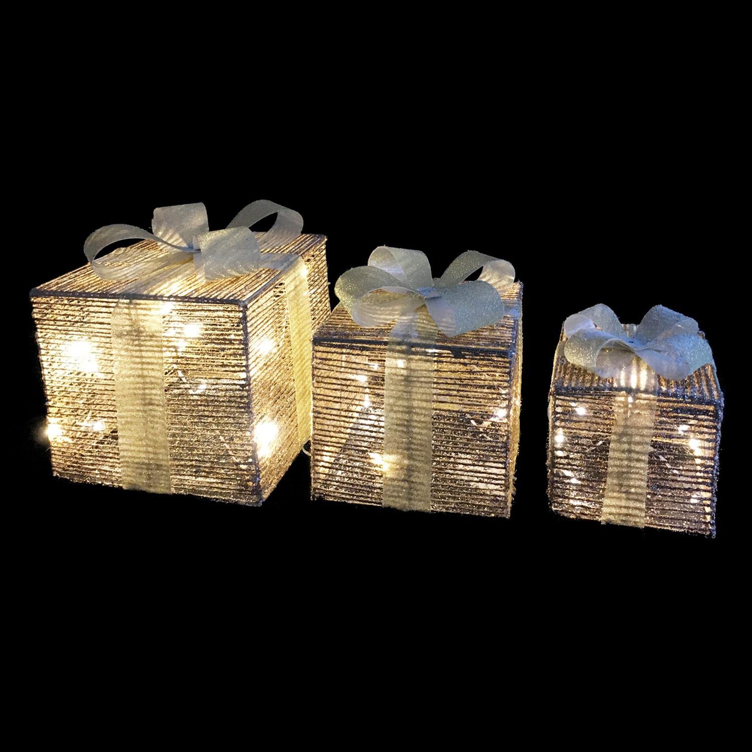 Trans Continental White Set Of 3 Christmas Parcels Presents Light Up Festive Decoration Warm Led Parcels Xmas Tree Ribbon Glitter Under Tree Decor