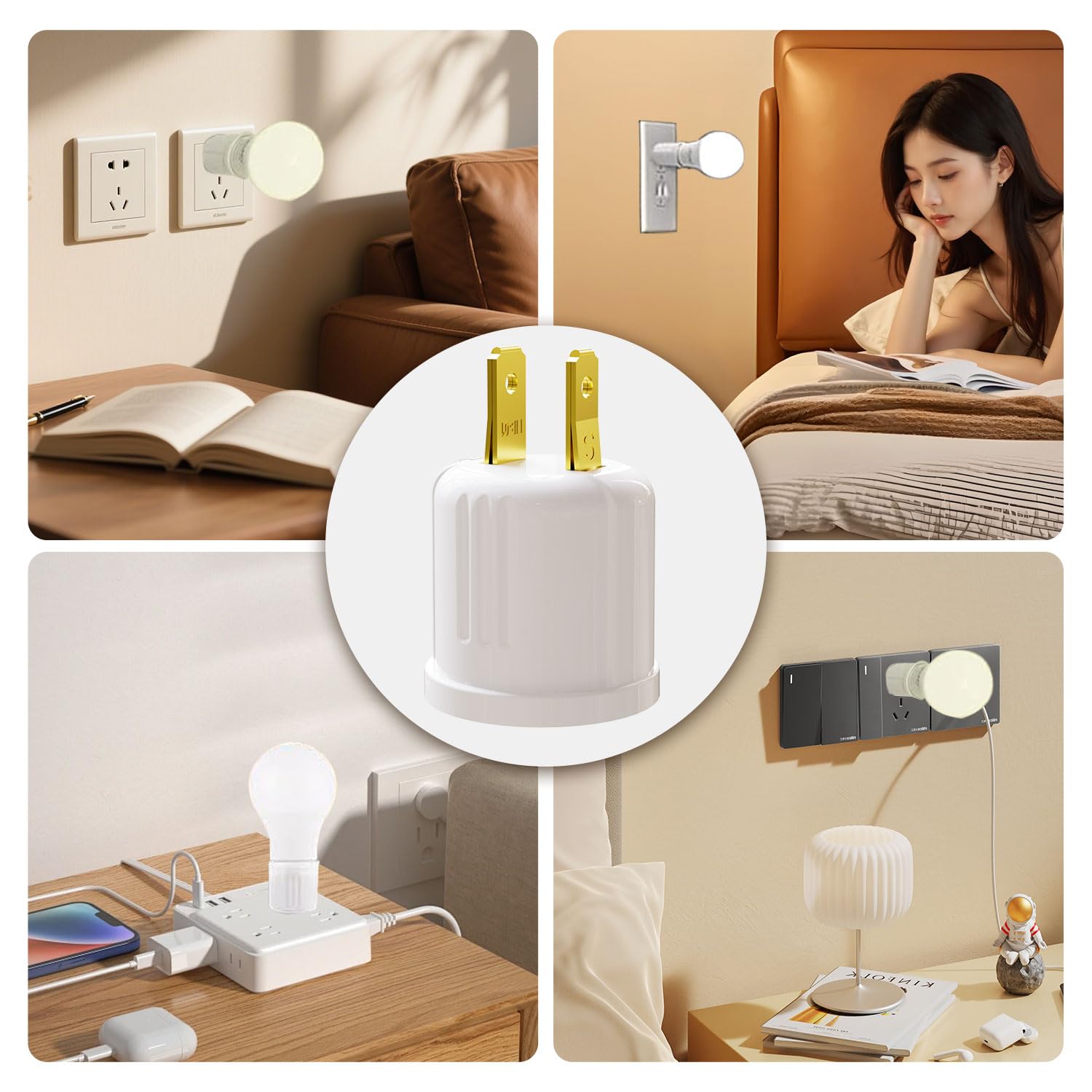 Outlet to Socket Adapter, Convert Outlet to E26 Light Bulb Socket, Plug-in Light Socket, 6 Pack
