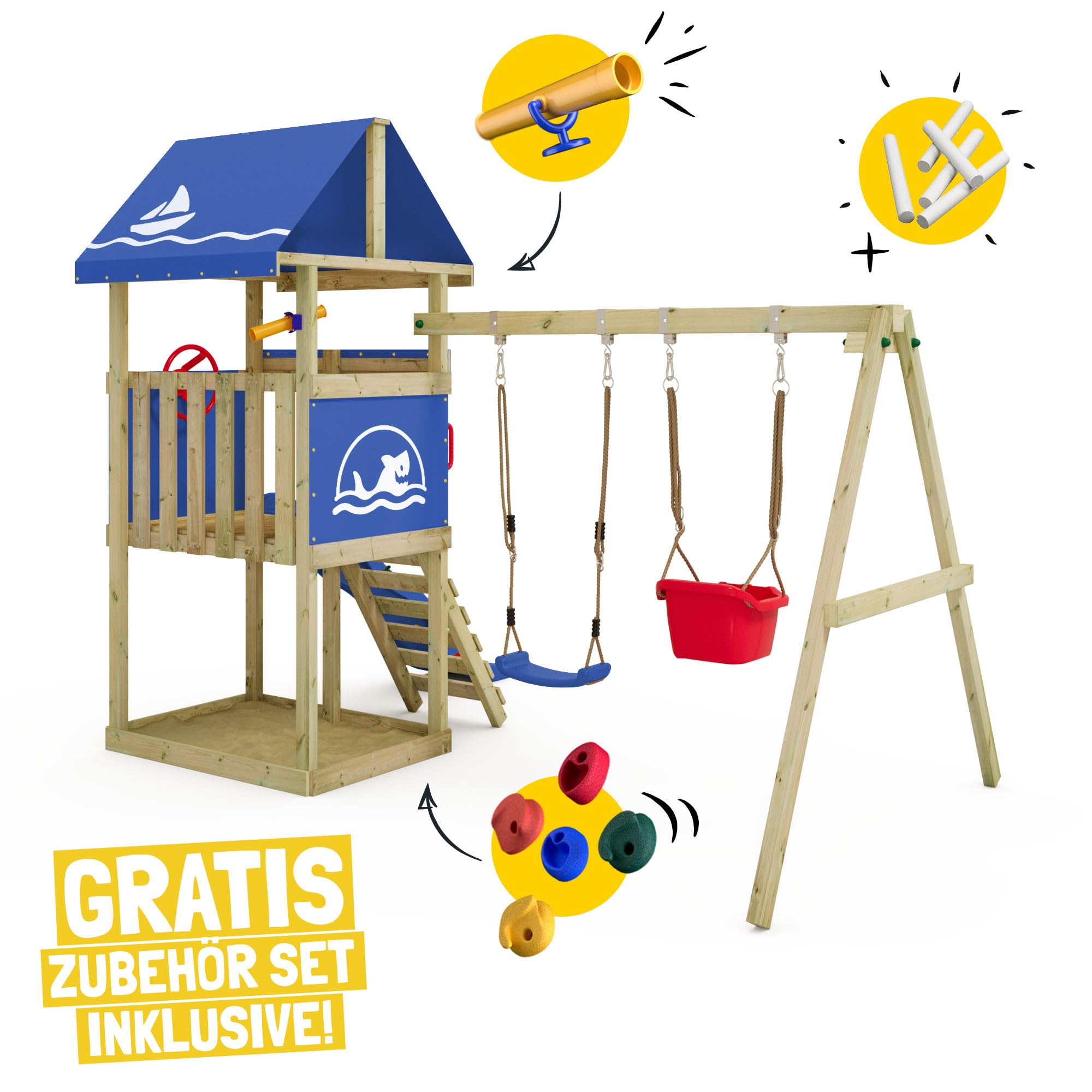 Wickey Spielturm DinkyHouse mit Schaukelanbau - Blaue Rutsche & Plane - Kinder Kletterturm für den Garten aus Massivholz - 303x317x247 cm