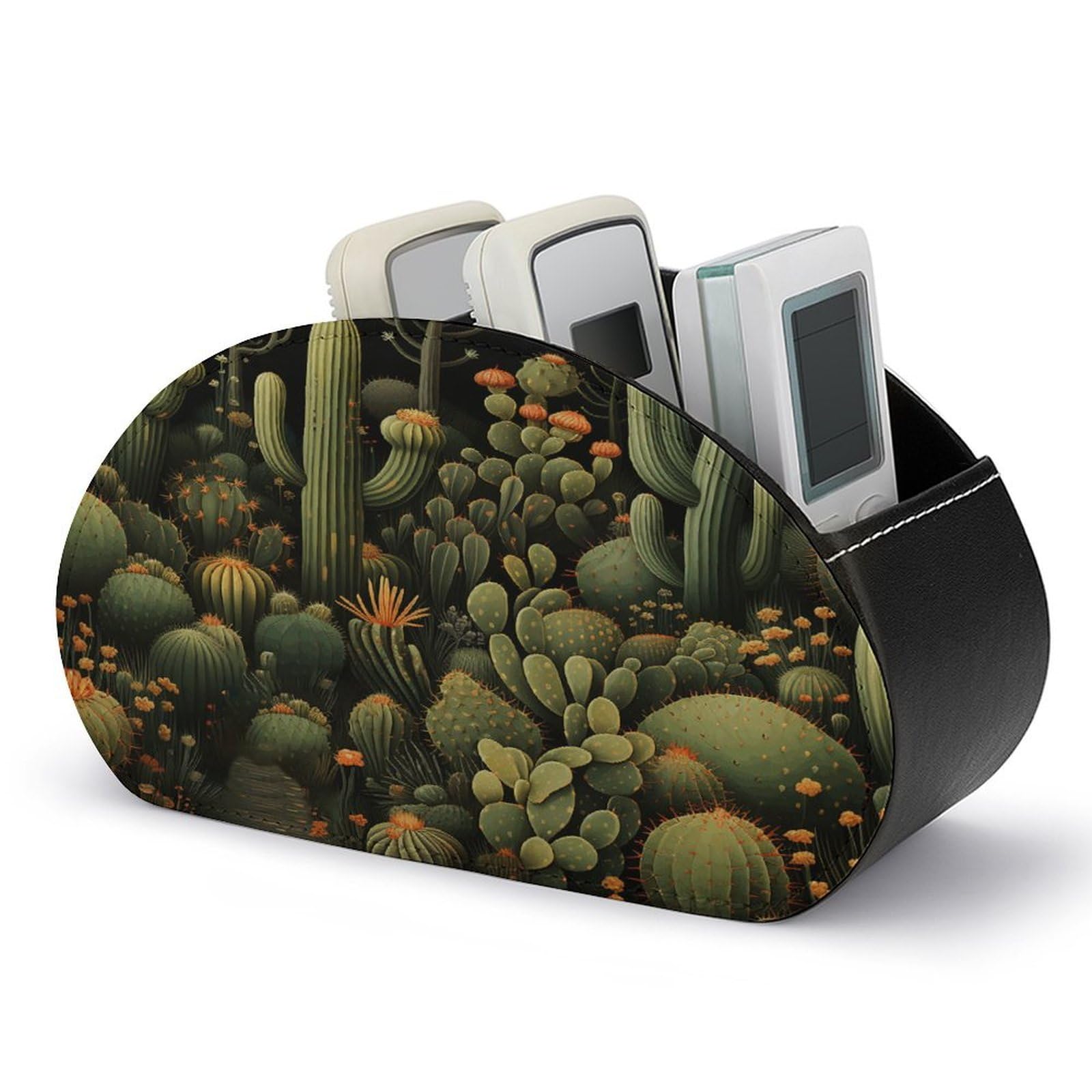 FekiLoot Green Cactus Remote Control Holder with 5 Compartments - PU Leather Remote Caddy Desktop Organizer, Personalized TV Media Remote Storage Box for Home Coffee Desk Accessories