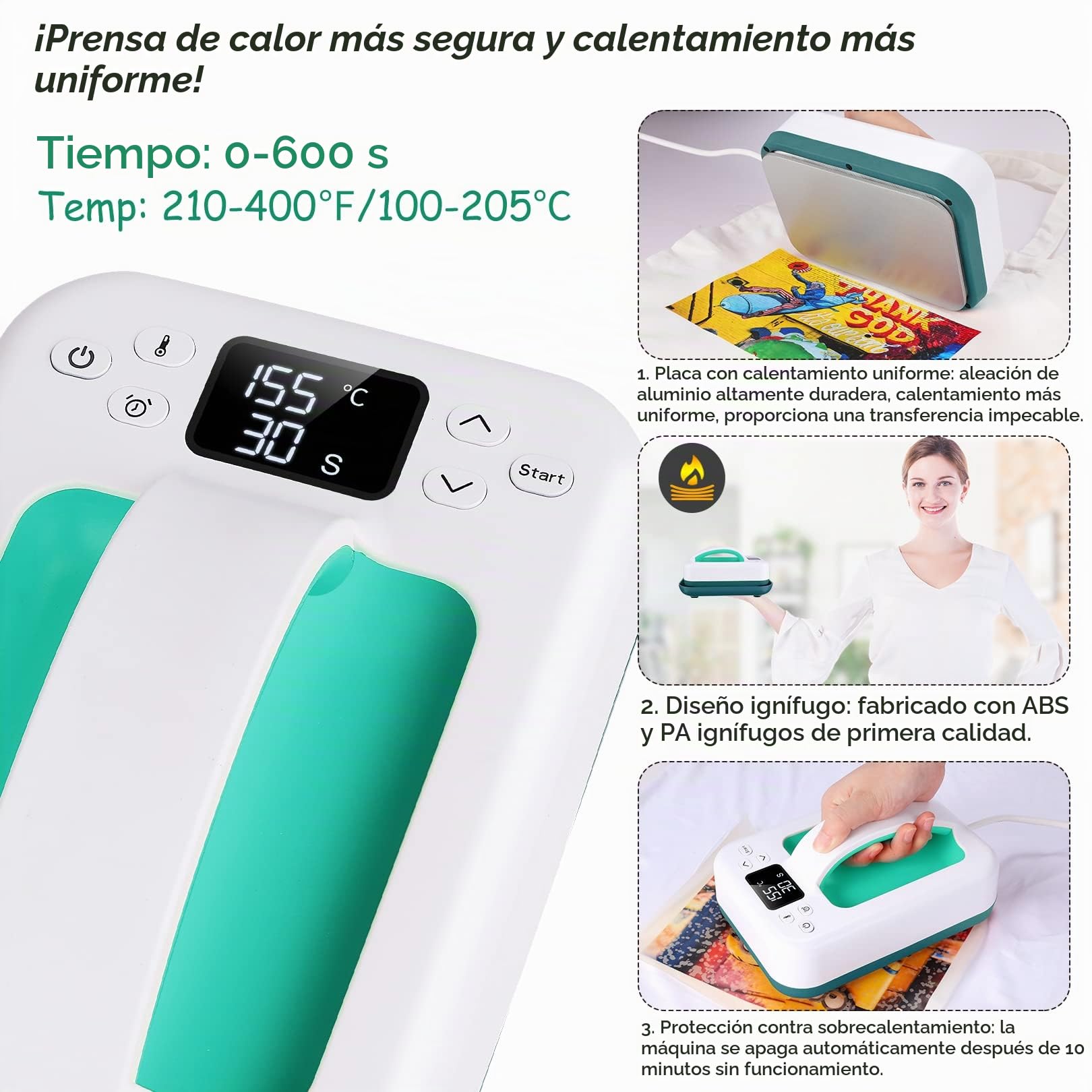 Prensa de calor para camisetas, 17,8 x 12,2 cm, portátil, calentamiento rápido, con función de temporizador y base aislada, para camisetas, bolsos, almohadas, delantales y más (verde)