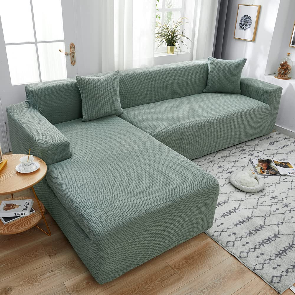 Sofabezug l Form, Sofaschoner für Wohnzimmer, Bequemer Stoff, rutschfest, pillingfrei, maschinenwaschbar, Passend für die meisten modularen Sofas,Matcha Green,2 Seater 145-190cm