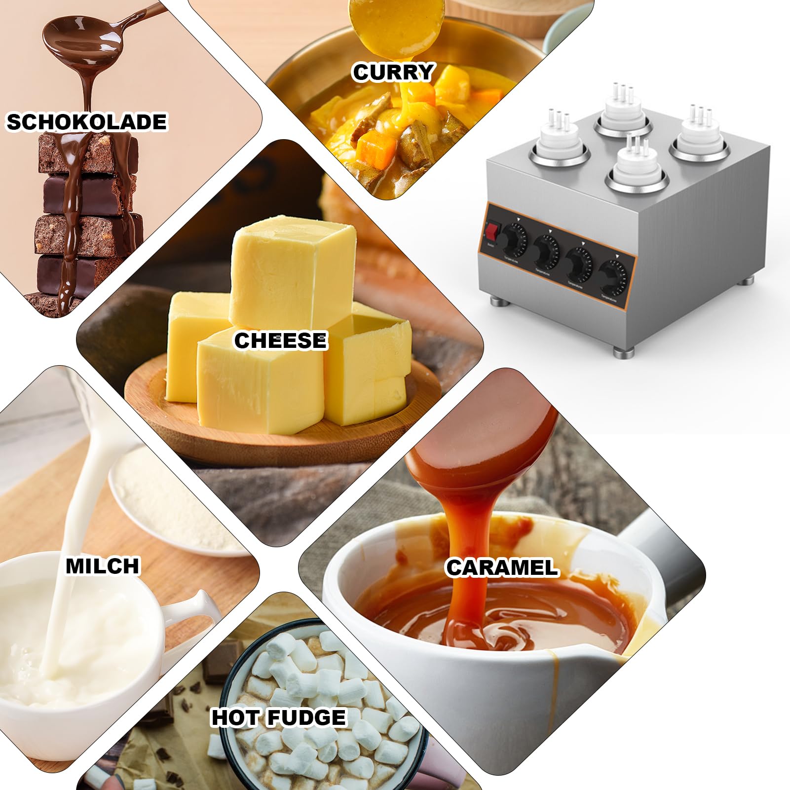 Chauffe-sauce électrique commercial avec 4 bouteilles à presser, distributeur de sauce électrique commercial, à température contrôlée, pour réchauffer le chocolat, le beurre et la confiture (30 à 85 °