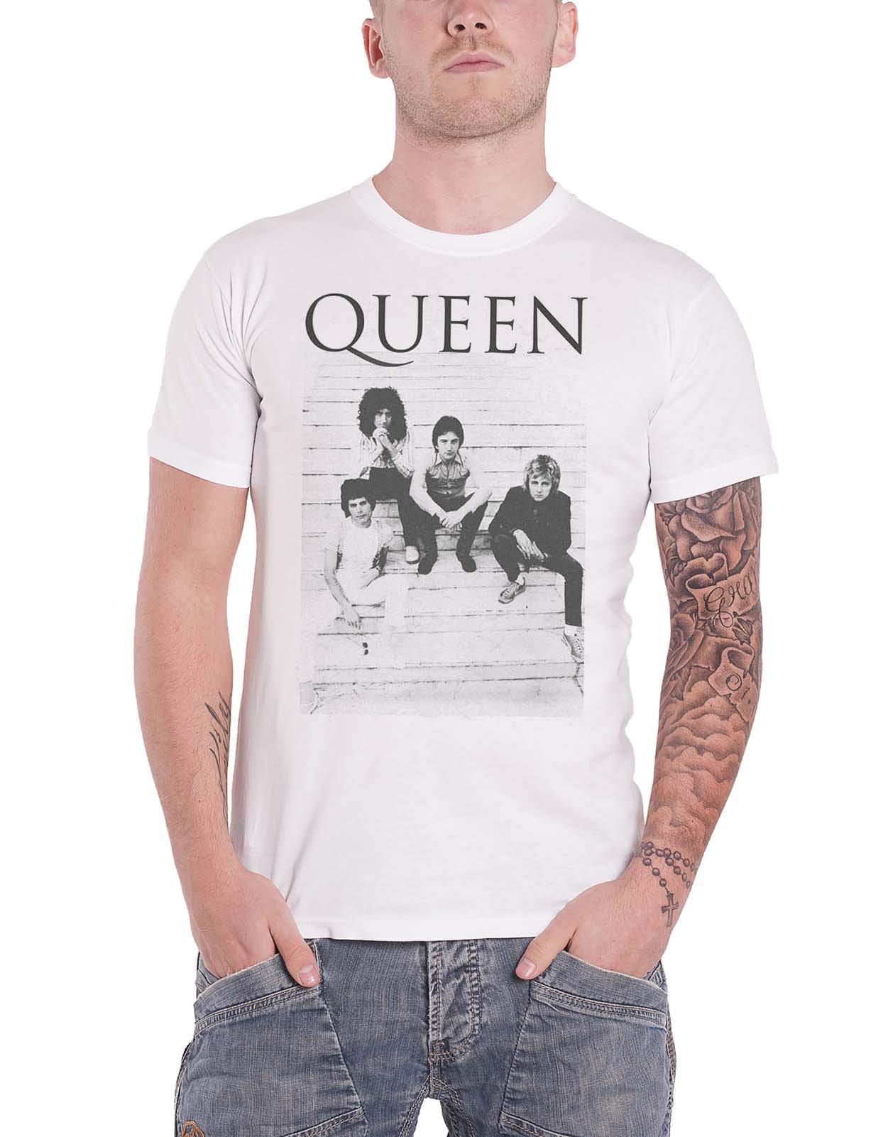 Queen Men's White Group Band Stairs Official T-Shirt (X Large)
