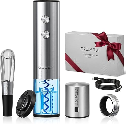 CIRCLE JOY Abrevino eléctrico recargable 5 en 1 acero inoxidable juego de regalo de vino con cortador de aluminio, vertedor aireador de vino, anillo