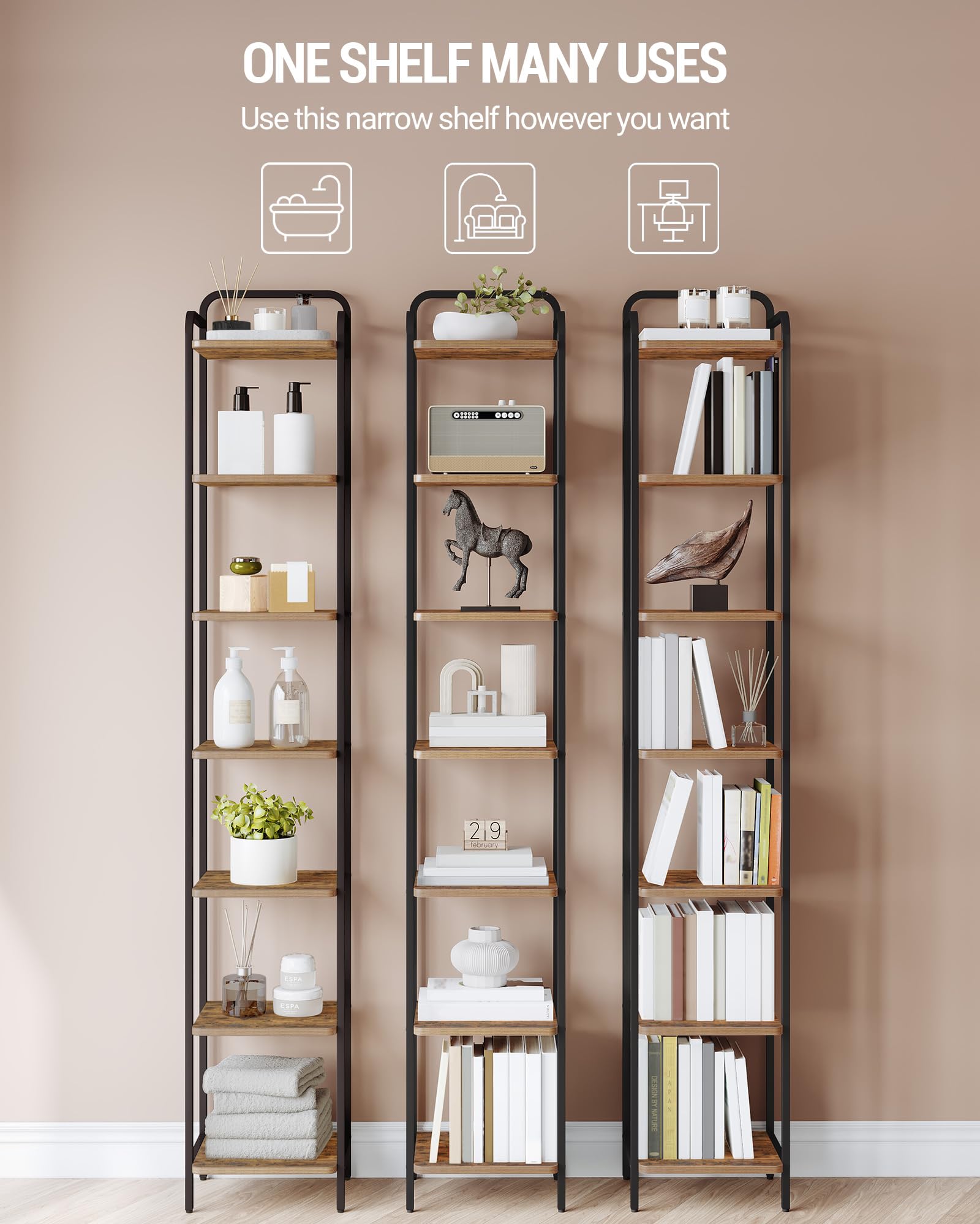 Hzuaneri biblioteczny, wąska półka na książki, industrialna półka narożna do przechowywania, smukły regał do domowego biura, salonu, sypialni, kuchni, 7-poziomowy, rustykalny brąz i czerń BC24801B