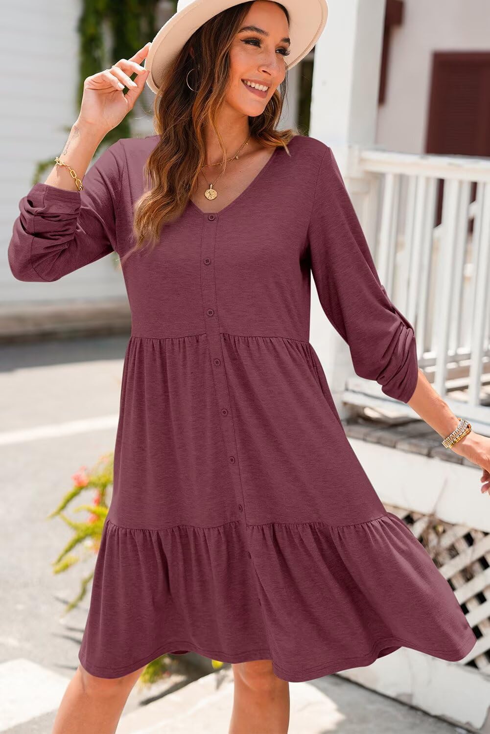 Dokotoo Fall Dresses for Women 2025 V Neck Button Up Long Sleeve Empire Waist Ruffle Tiered Mini Dress with Pockets - Image 3