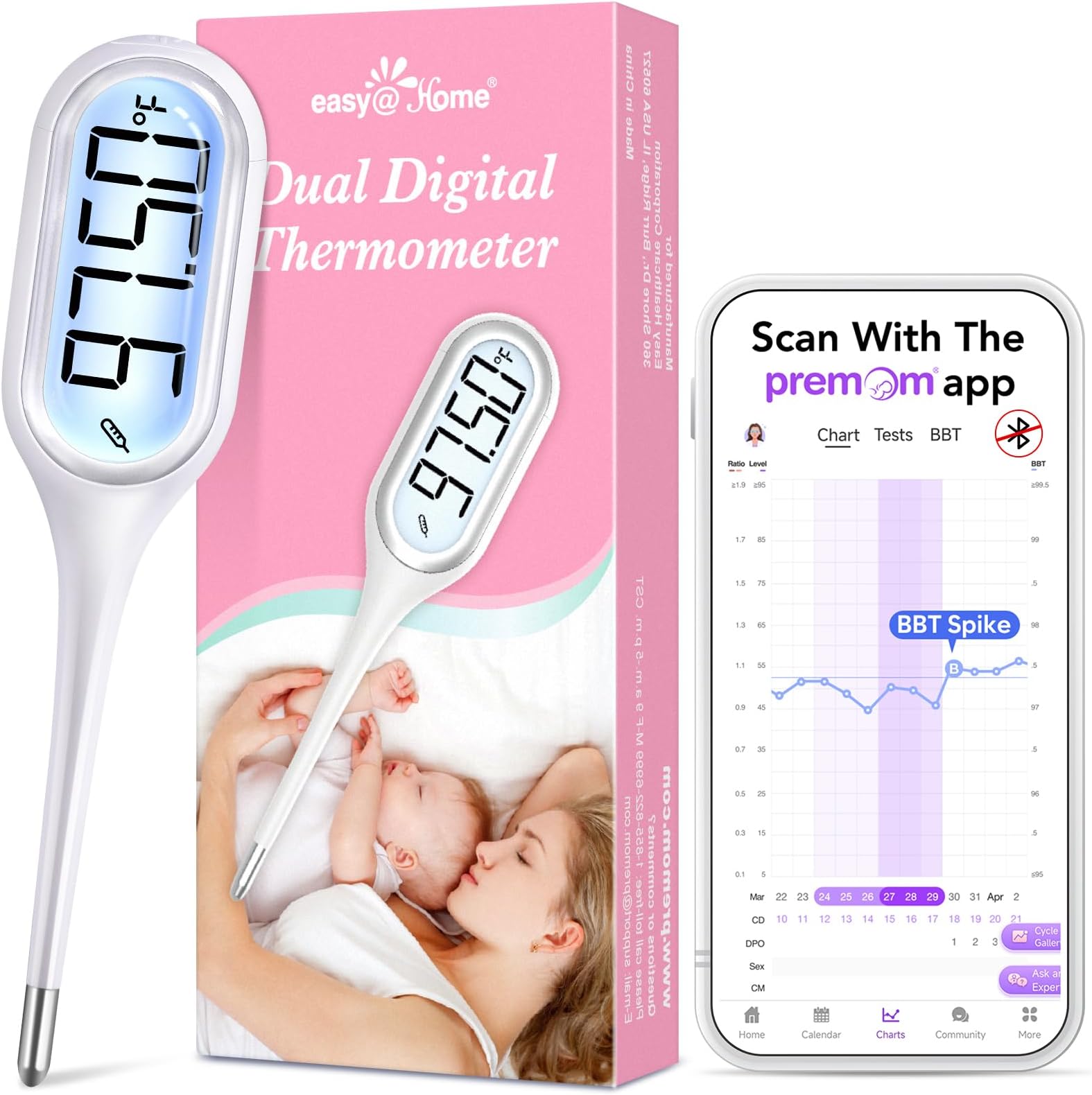 Easy@Home Basal Thermometer for Ovulation Tracking: 1/100th Degree Precision, Dual Mode - Accurate BBT & Fast Read for Fever | 30 Memory Recall, Premom App OCR Scan | EBT-013