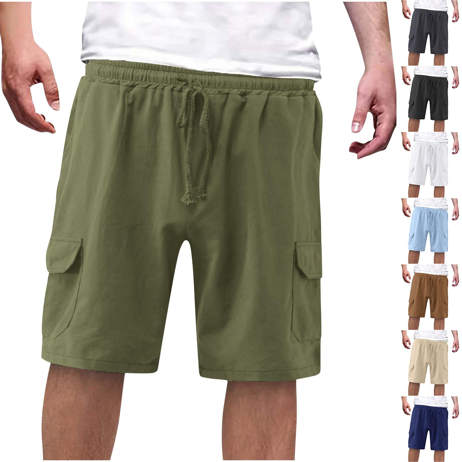 Guhmomh Shorts Herren Sommer Baumwolle Kurze Hosen Leinenhose Kurz Freizeithose Sporthose Sommerhose Leicht Casual Jogginghose Freizeit Leinen Strand Baggy Laufhose Bermuda Wanderhose Armeegrün XL