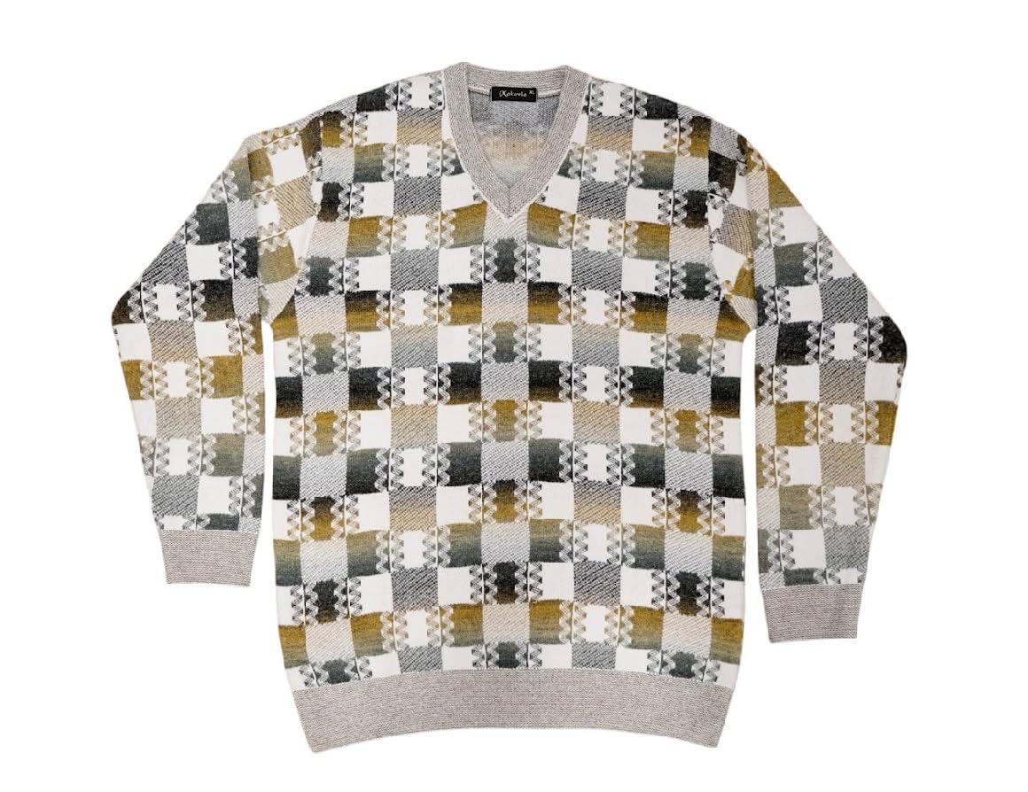 Makavio Men's V-Neck Sweater, Multicolour Patchwork Pattern,Premuim Yran-picture-29