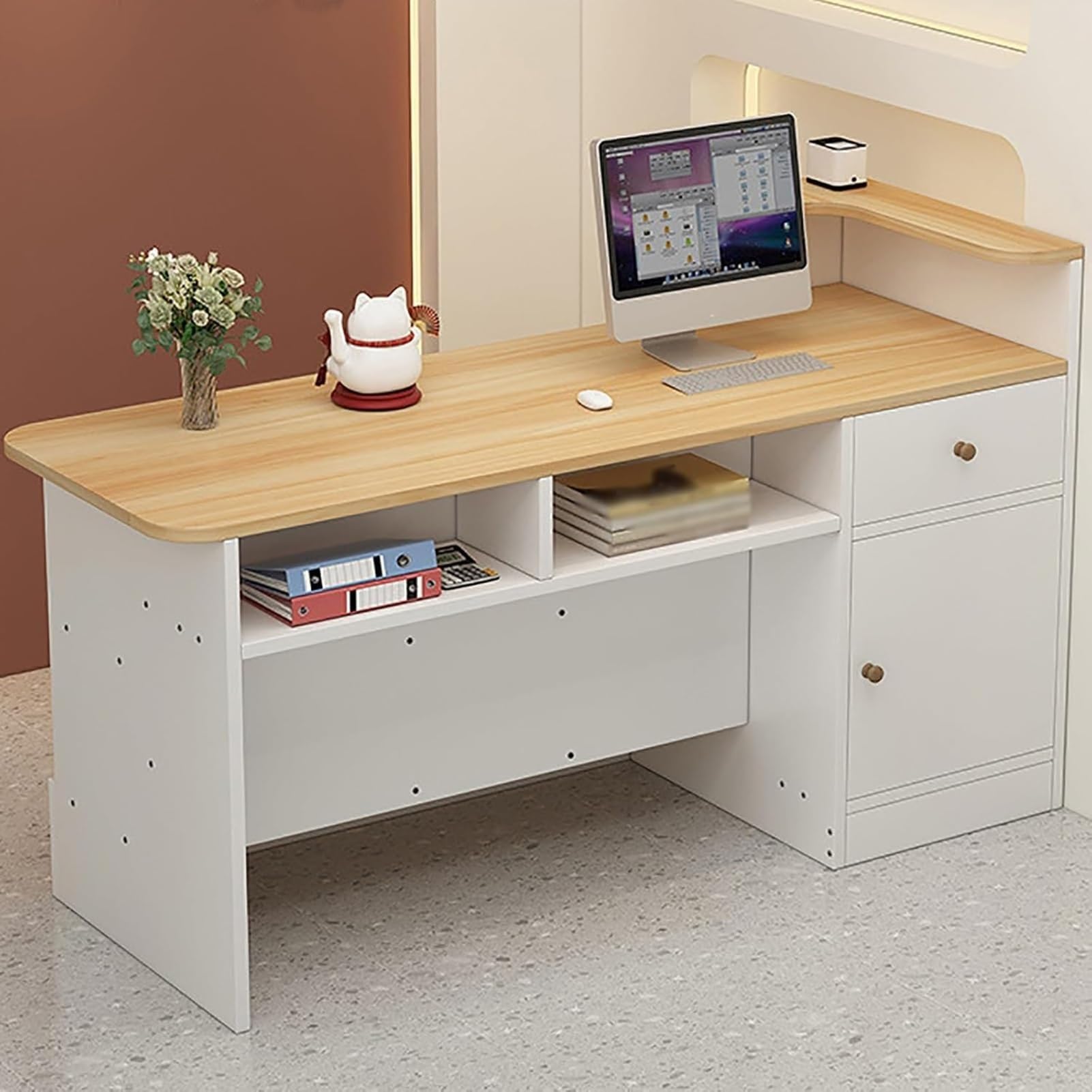Empfangstheke mit Schreibtisch, Rezeption Schreibtisch mit Schubladen und Ablageflächen Empfangstresen, Laden-Theke Bürotheke Rezeption Tisch(Walnut/Right,120x100x45cm)