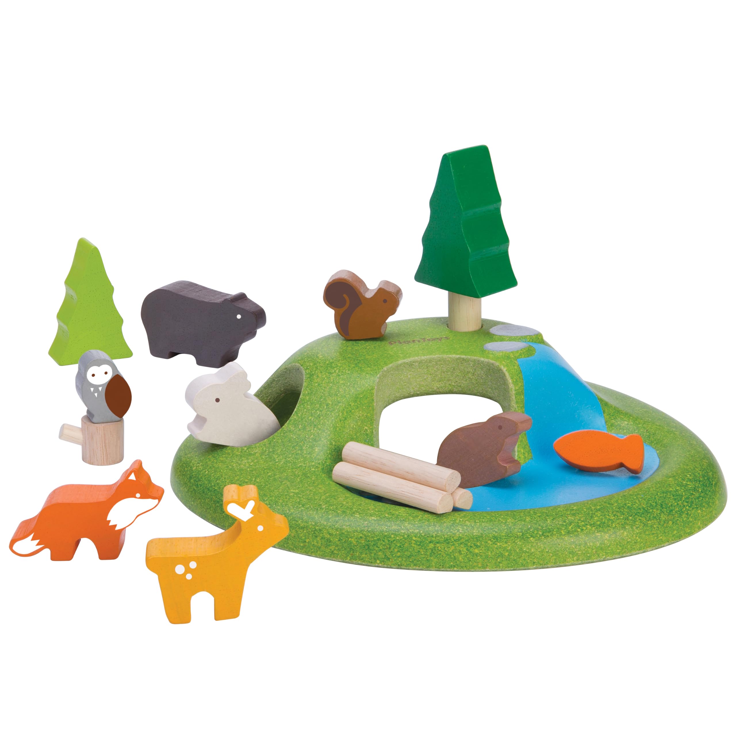PlanToys® Wooden Animal Toy Set for Toddlers | 16 Pcs Montessori Forest Playset with Trees, Cave, and Mountain | Eco-Friendly Educational Toys for Kids | Open-Ended Nature Pretend Play