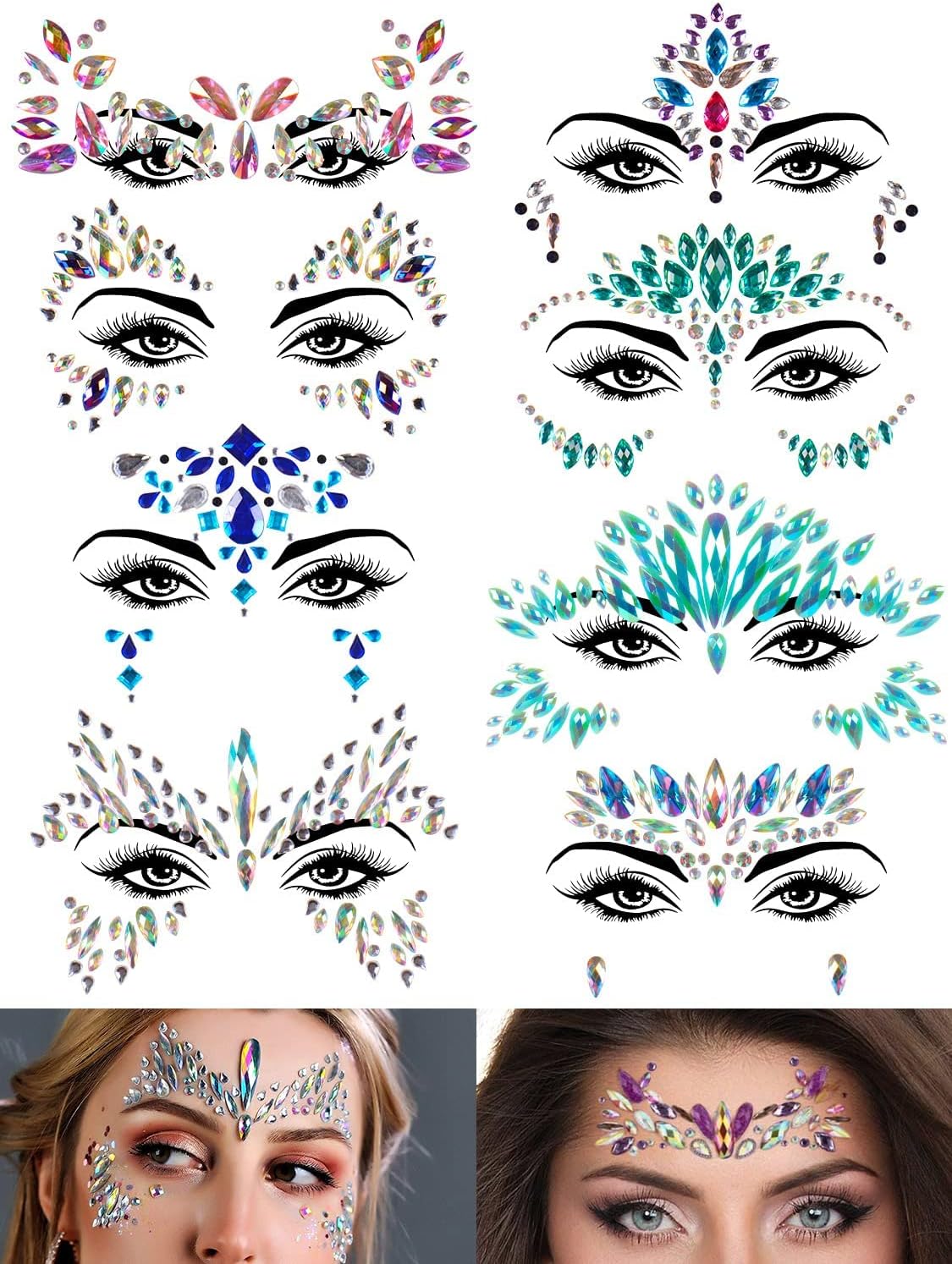 KASTWAVE Face Jewels - Face Gems, 8 Sets Mermaid Face Jewels Stick On, Rhinestones Rave Eyes Body Bindi Temporary Stickers Crystal Face Stickers Decorations Fit for Festival Party