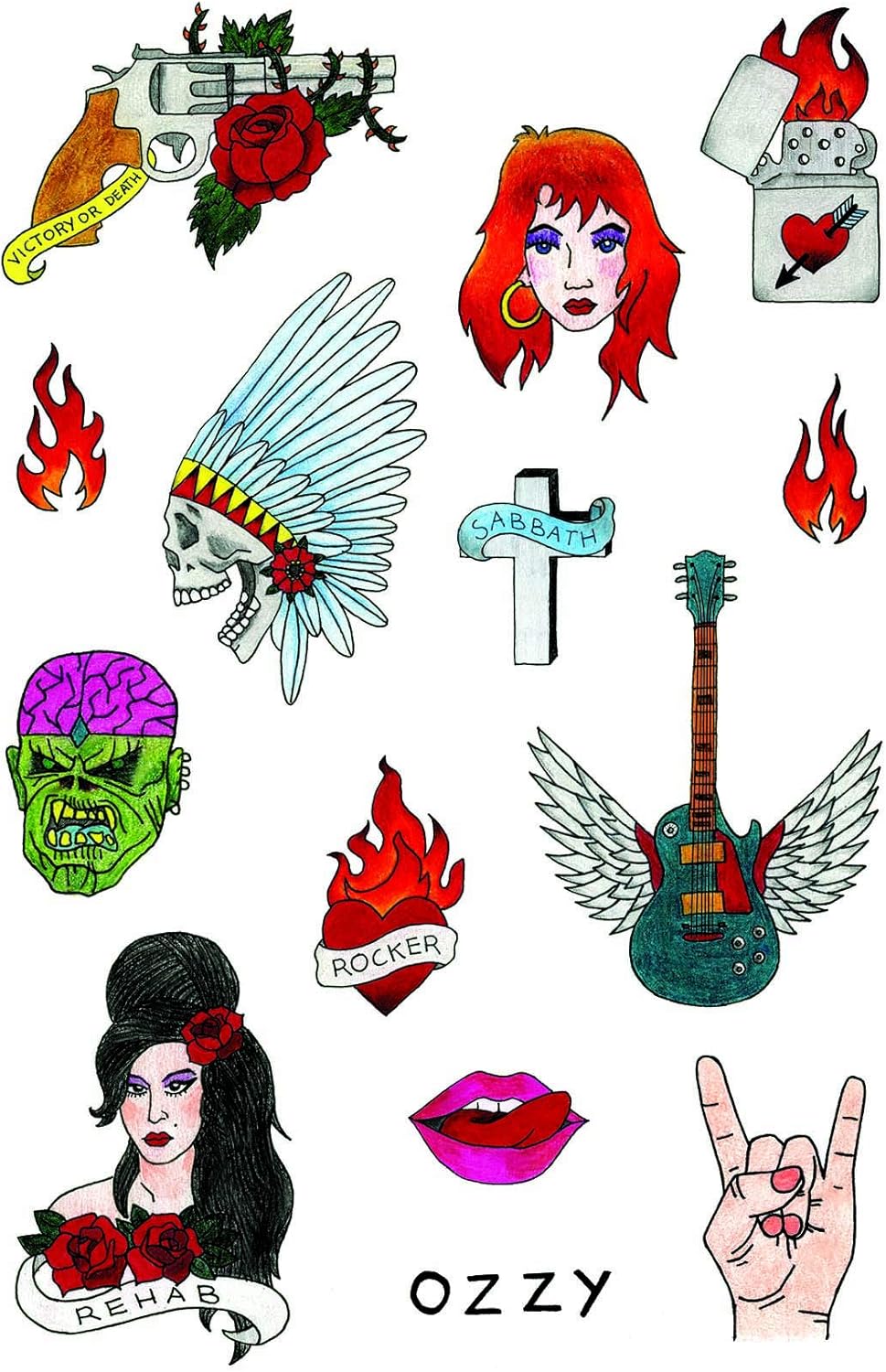 Tatsy The Rock N Rolla Set, Quality Temporary Tattoos, For Men and Women, Rock and Rollin Tattoo Cover Up, Rock Star Party Kit, Guitar Sabbath Rocker Ozzy Rehab Freedom