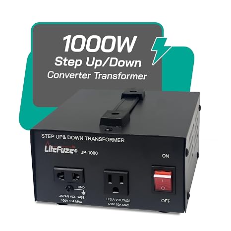 LiteFuze 1000W Step-Up/Step-Down Transformer with Dual Sockets - Premium Copper Coil, Noise Reduction, and Circuit Breaker Protection (JP-1000)