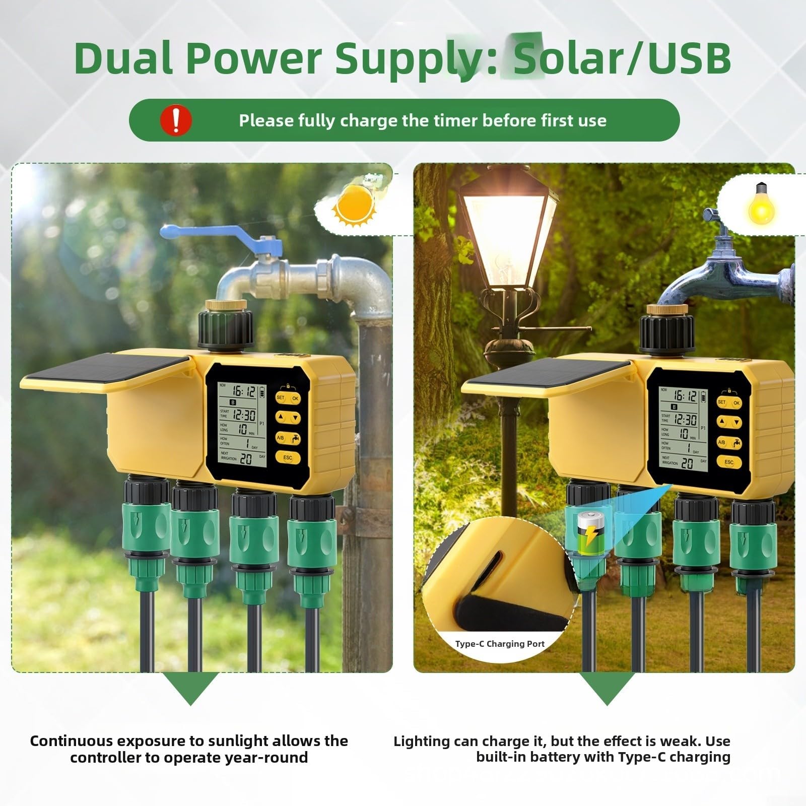 Solarbetriebener automatischer Bewässerungs-Timer, 4-K-Gartenbewässerungsregler mit Regensensor, einstellbarer Zeitplan 1-299 Minuten, USB-Backup-Ladung für