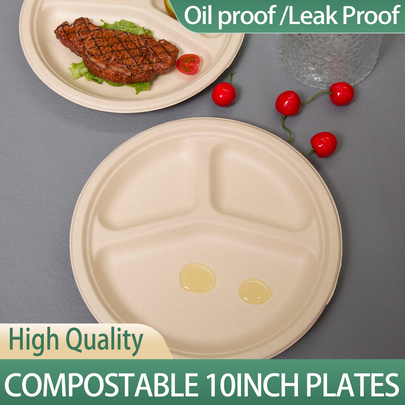 Plato redondo compostable natural de 10 pulgadas, 150 unidades, 10 pulgadas, 150 unidades, 3 secciones