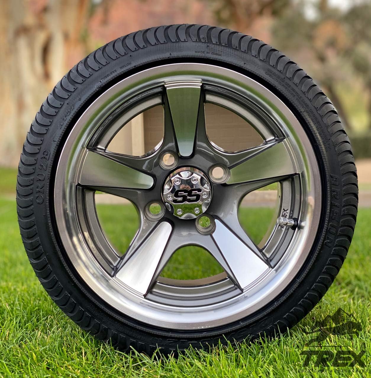 12" BULLITT GUNMETAL/MACHINED ALUMINUM WHEELS AND 215/35-12 LOW PROFILE DOT TIRES COMBO - SET OF 4 (Standard Lugs (EZ-GO, Club Car))