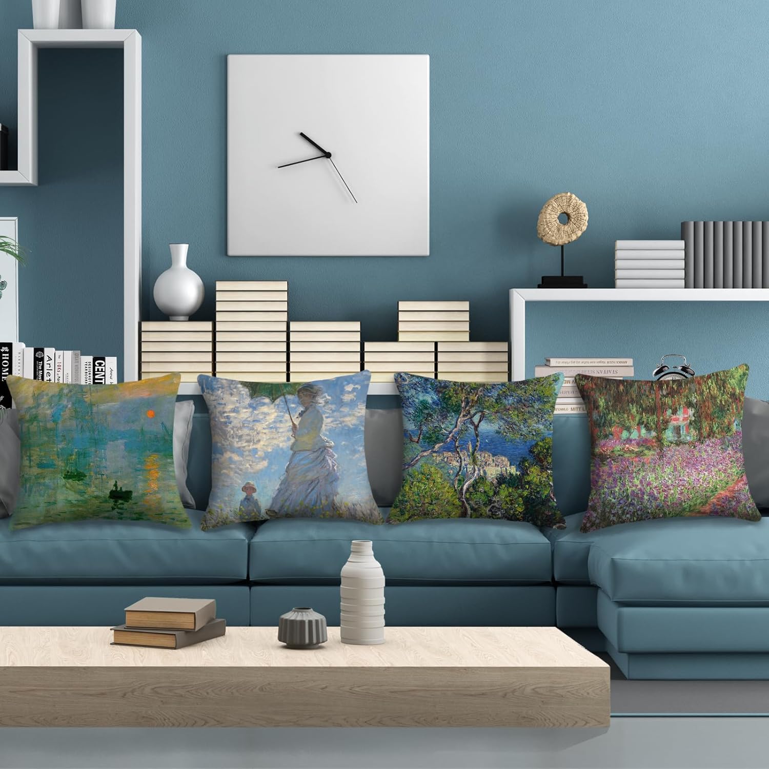 HOSTECCO Claude Monet Pillow Covers Set of 4 Abstract Impressionist Throw Pillow Cases Art Design Square Decorative Cushion Covers for Famous Painting Fans 20x20 Inches