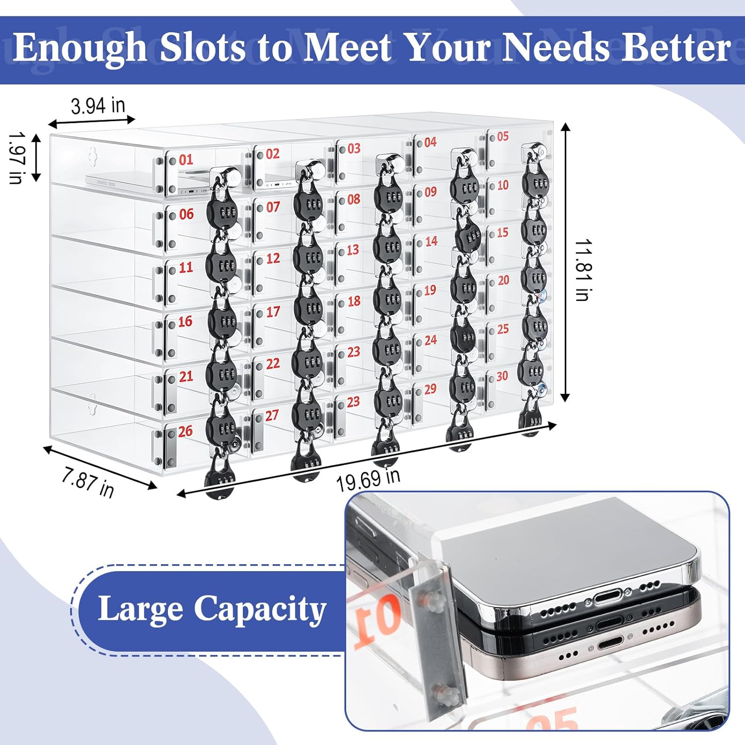 30 Slots Cell Phone Locker Box with Combination Lock, Clear Acrylic Phone Storage Cabinet for Back to School Classroom Students Employee Office Factory