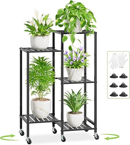 iDavosic.ly Soporte para plantas de 5 niveles para interiores con ruedas, estante de metal escalonado para flores de esquina al aire libre para