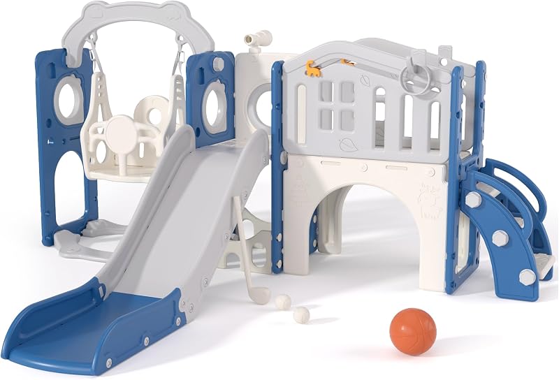 67i Toddler Playset, Indoor Backyard Use, 11-in-1 Swing Slide HDPE Playset | Blue Gray