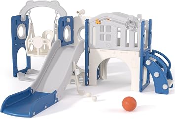 67i 11-in-1 Toddler Slide and Swing Set for Ages 1-3, Toddlers Outdoor Playset with Tunnel, Climber, Aisle, Dinosaur Maze, Hide & Seek, Telescope, Ring Toss, Golf & Basketball Blue Gray, 11-in-1