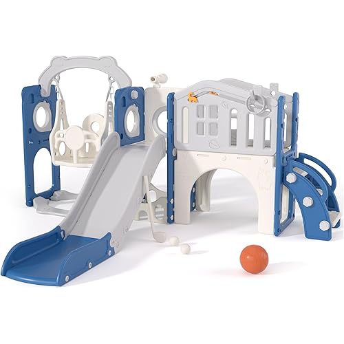 67i 11-in-1 Toddler Slide and Swing Set for Ages 1-3, Toddlers Outdoor Playset with Tunnel, Climber, Aisle, Dinosaur Maze, Hide & Seek, Telescope, Ring Toss, Golf & Basketball (Blue Gray, 11-in-1)
