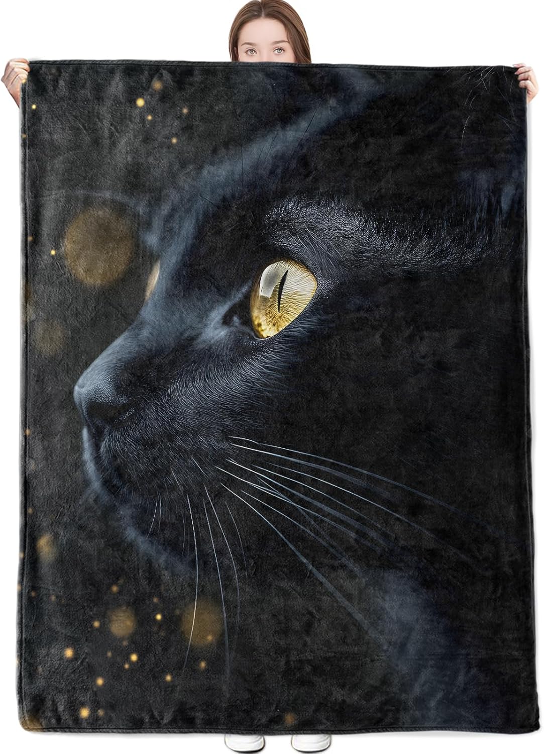 Black Cat Blanket Mysterious Kitten Theme Throw Blankets with Glowing Golden Eyes Lightweight Flannel Throws for Camping Couch Chair Office Bed Home Decor Gifts for Adults,60x50inch